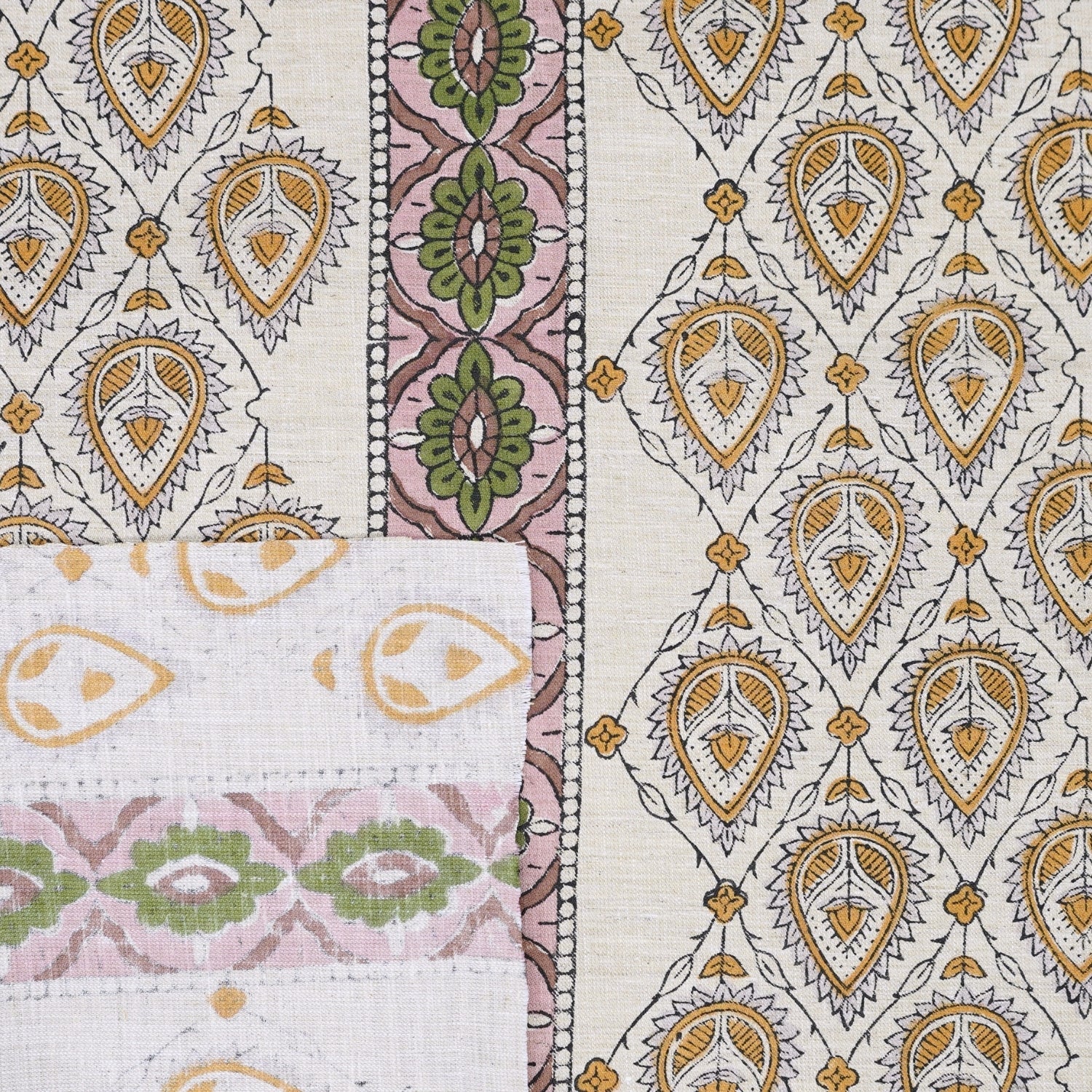 Handcrafted Yellow Floral Fabric Light Weight Linen Blend Elegance - Paan Patti