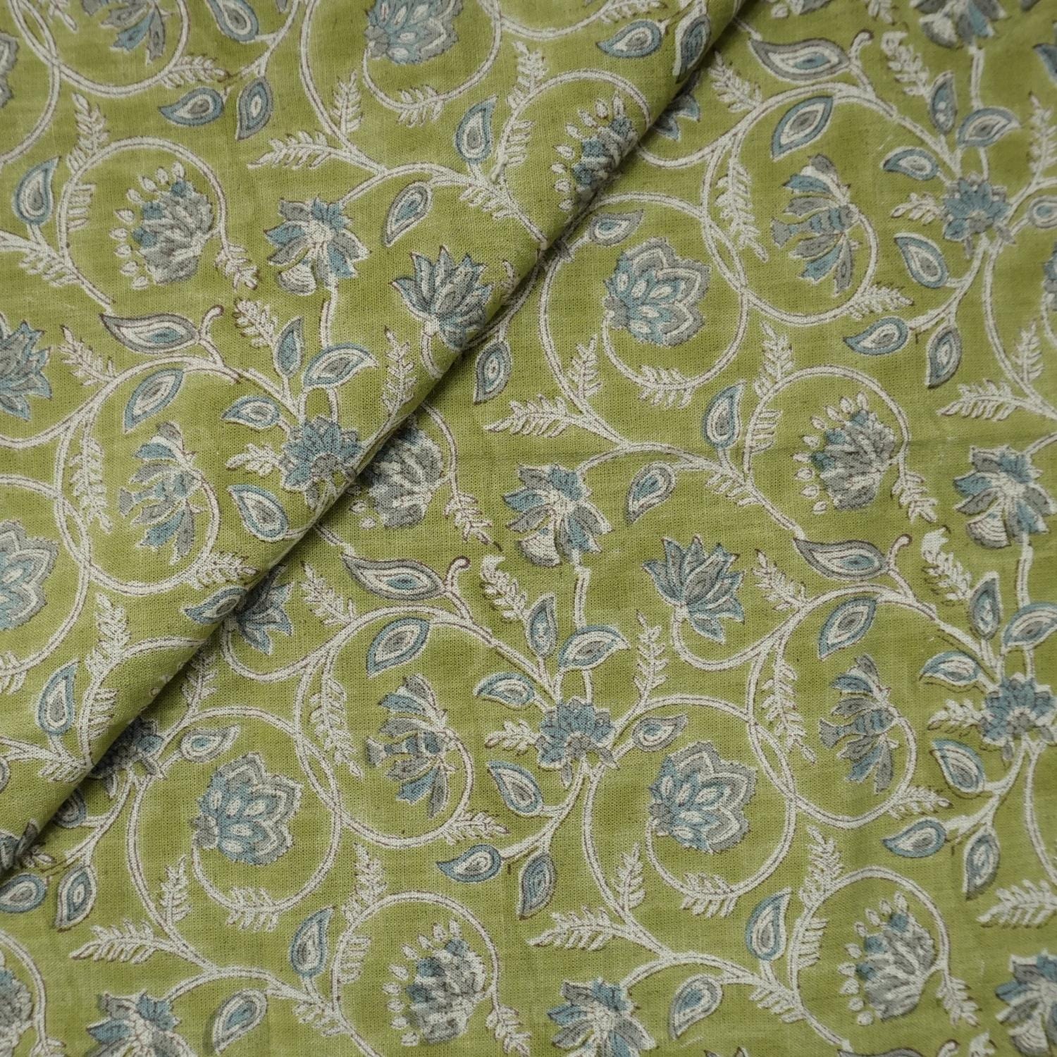 HAND BLOCK PRINTED GREEN FLORAL VISCOSE LINEN FABRIC FOR BOHO DECORATIVE PILLOW - SARASWATI
