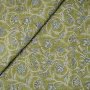 HAND BLOCK PRINTED GREEN FLORAL VISCOSE LINEN FABRIC FOR BOHO DECORATIVE PILLOW - SARASWATI