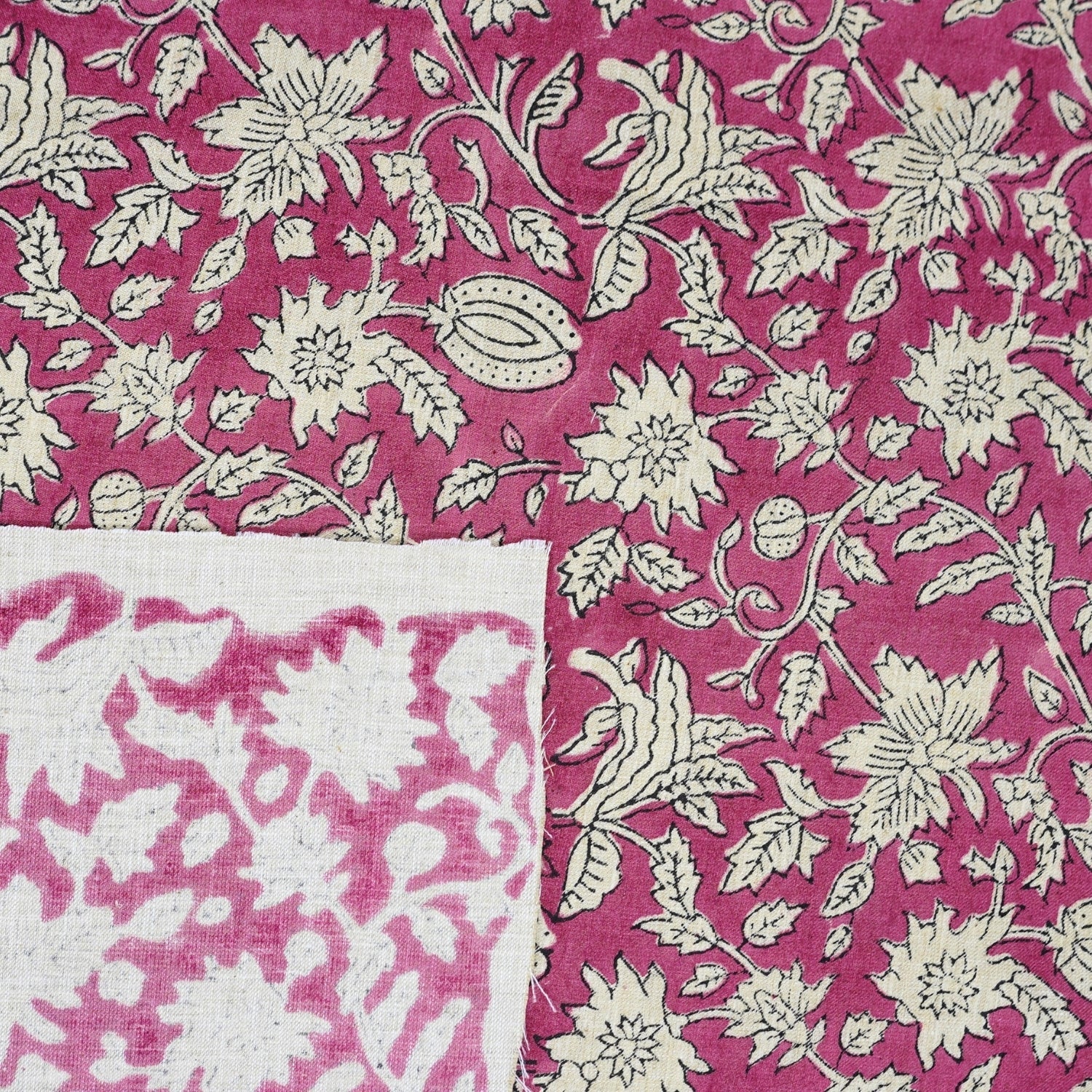 Handblock Printed Pink Floral Linen Blend Fabric Boho Style Artisanal Home Decor– Manikarnika
