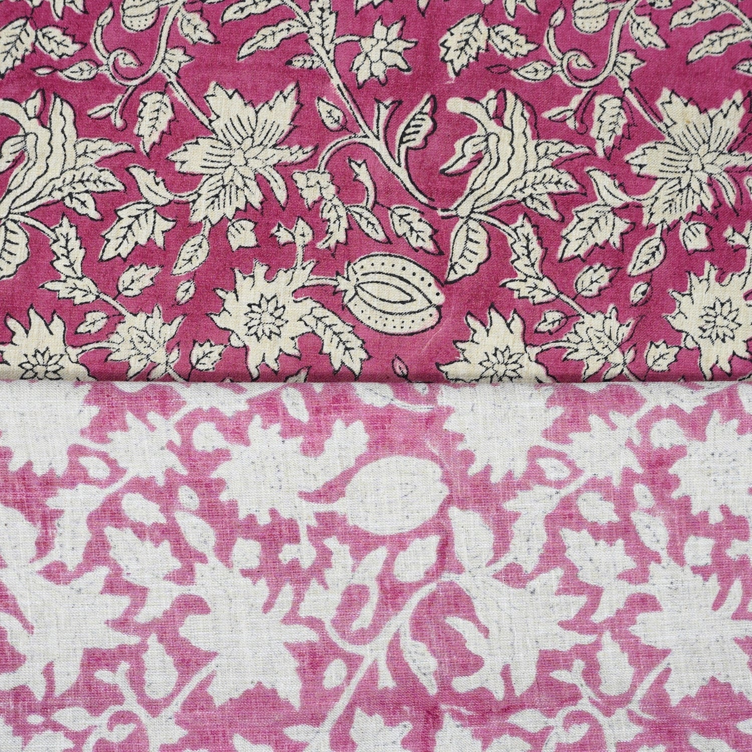 Handblock Printed Pink Floral Linen Blend Fabric Boho Style Artisanal Home Decor– Manikarnika