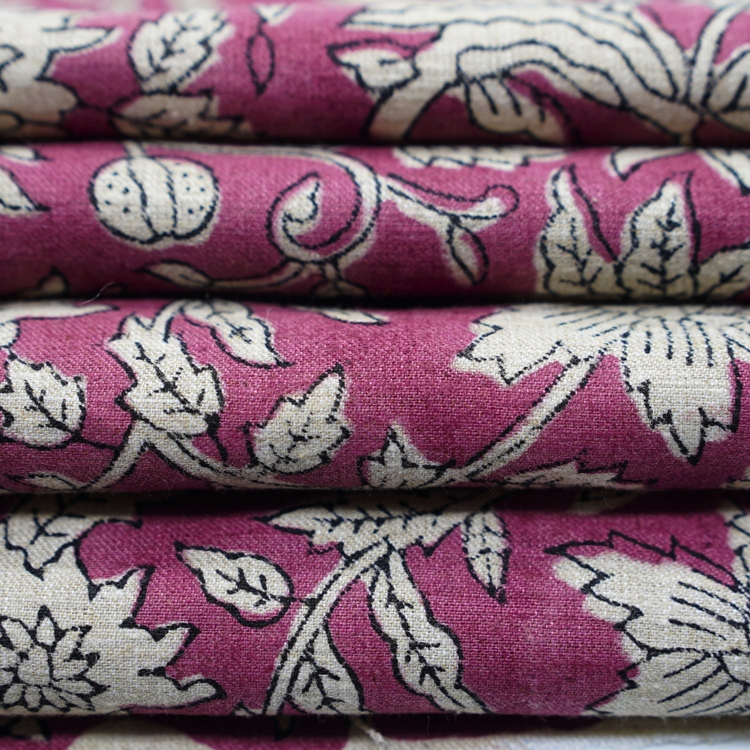Handblock Printed Pink Floral Linen Blend Fabric Boho Style Artisanal Home Decor– Manikarnika