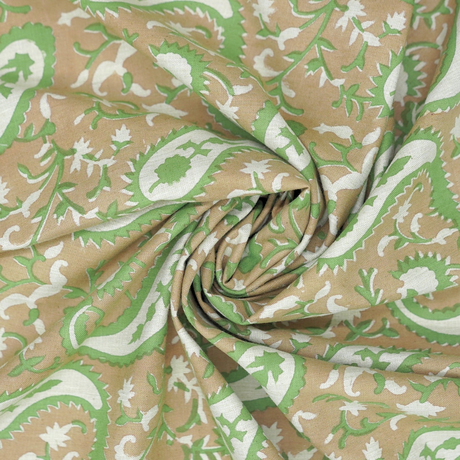 Handcrafted Green Floral Block Printed Fabric Linen Blend Beauty - Kiara