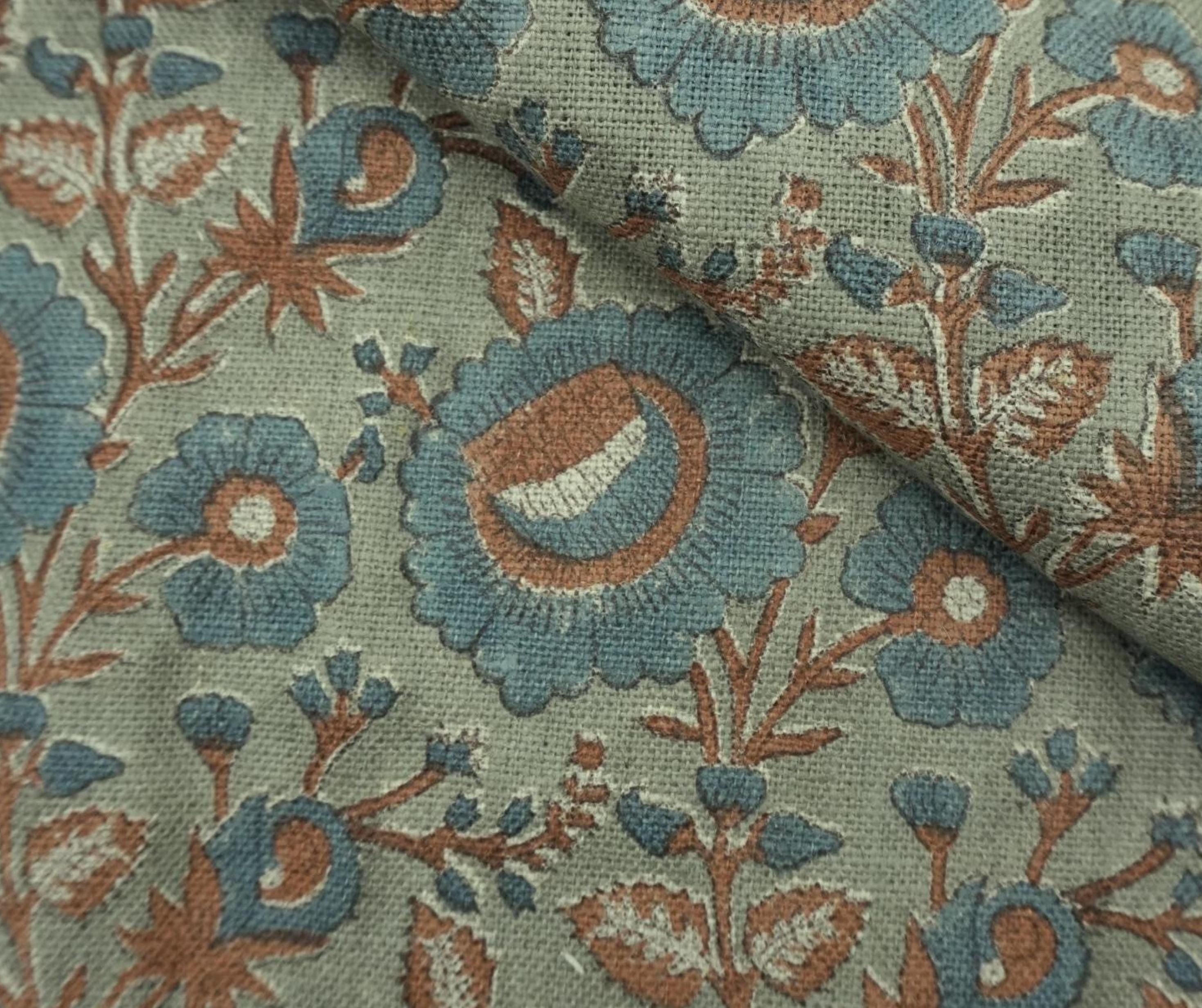 Linen Block Print Fabric 58 Inch Width Heavy Weight Linen Natural Base Color Curtains and Drapes Upholstery Handmade Art Pillow Covers Tablecloths and Runners Bedding Tote Bag Lampshades Napkins