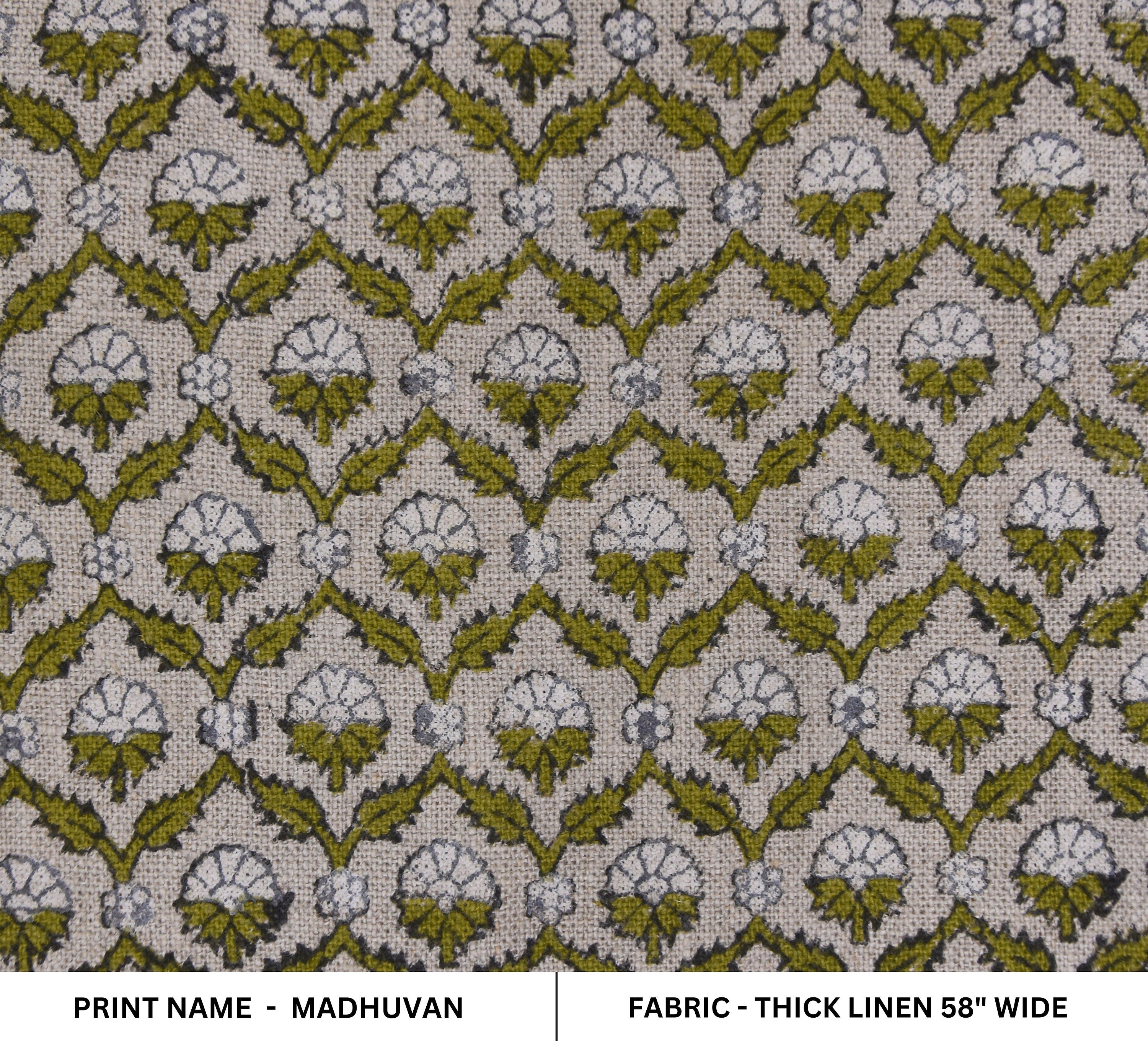 Linen Block Print Fabric 58 Inch Width Heavy Linen Natural Base Color Curtains and Drapes Upholstery Pillow Covers Tablecloths and Runners Bedding Tote Bag by Fabritual