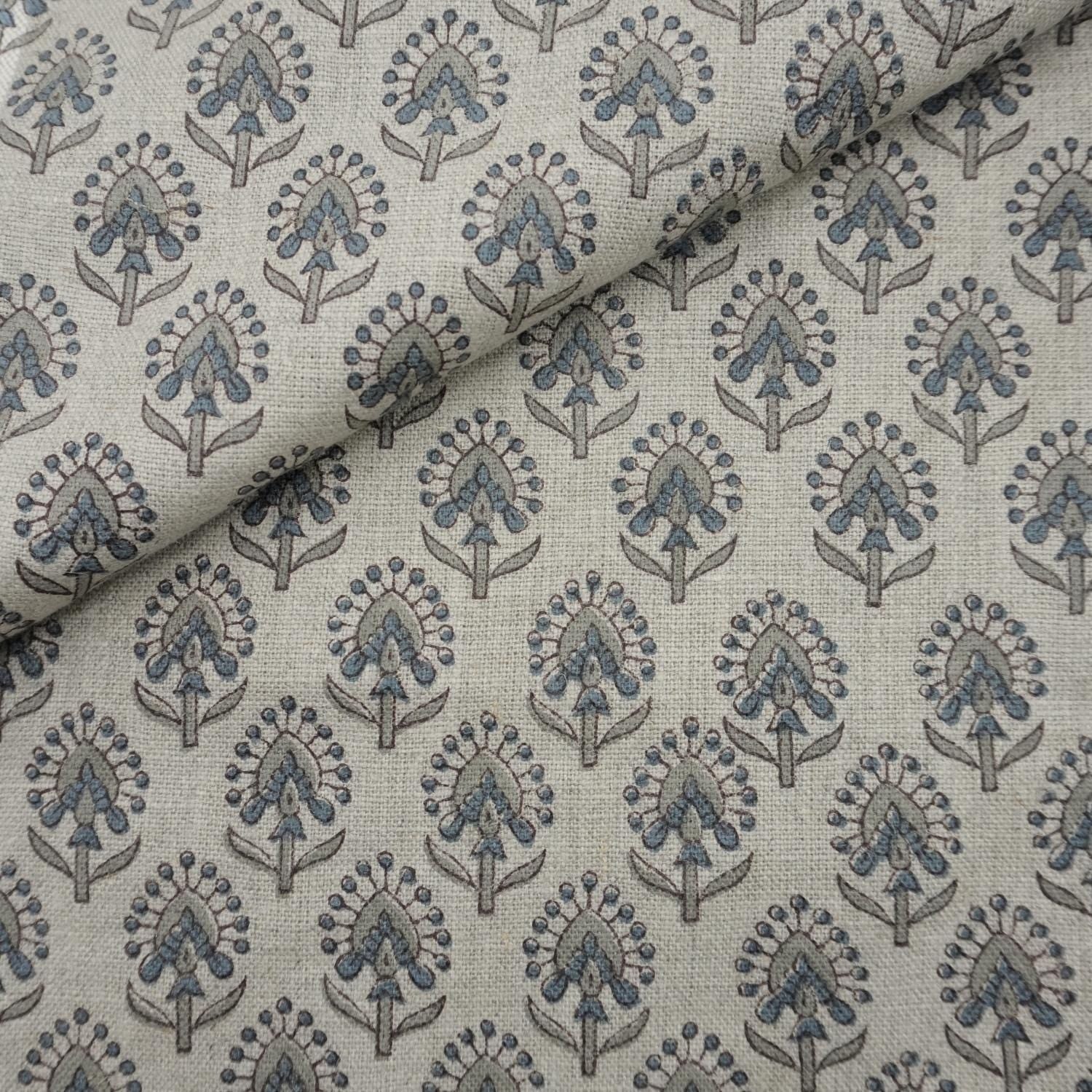 Natural Linen 58” with Traditional Block Print for Handmade Home Décor, Upholstery Fabric in Heavy Natural Linen 58” with Elegant Block Print.