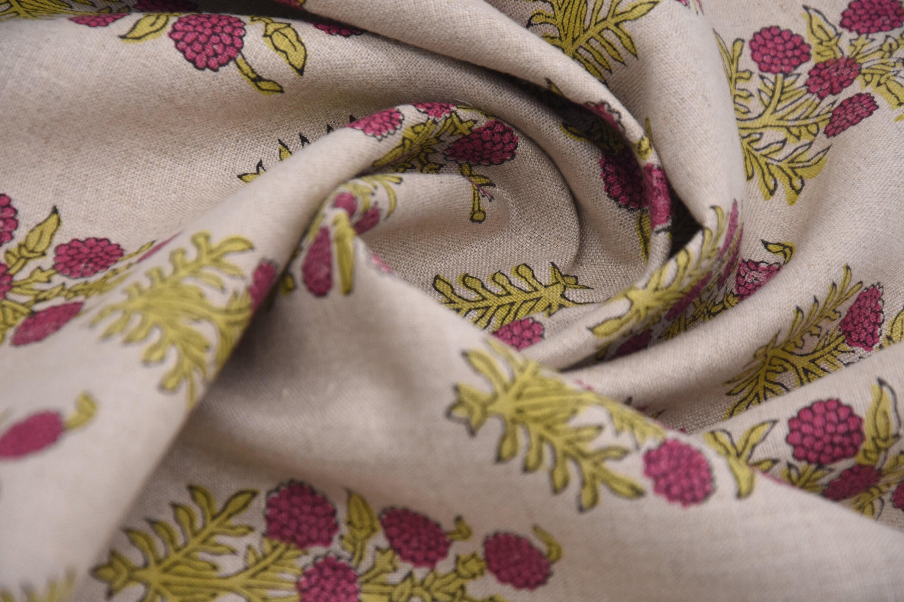 Block Printed Premium Thick Linen Handmade Fabric in Rose Gold and Mustard Big Floral for Tablecloths – HJARA