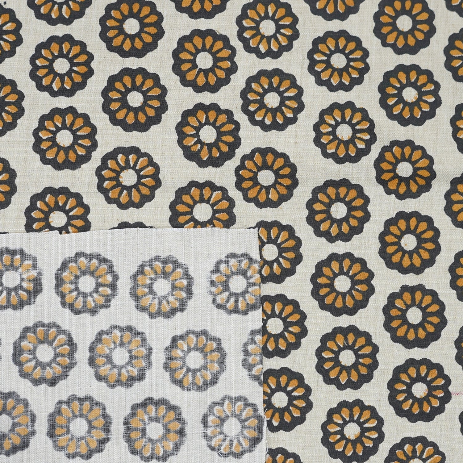 Handprinted India Made Black Floral Soft Touch Linen Blend Fabric - Bulbul