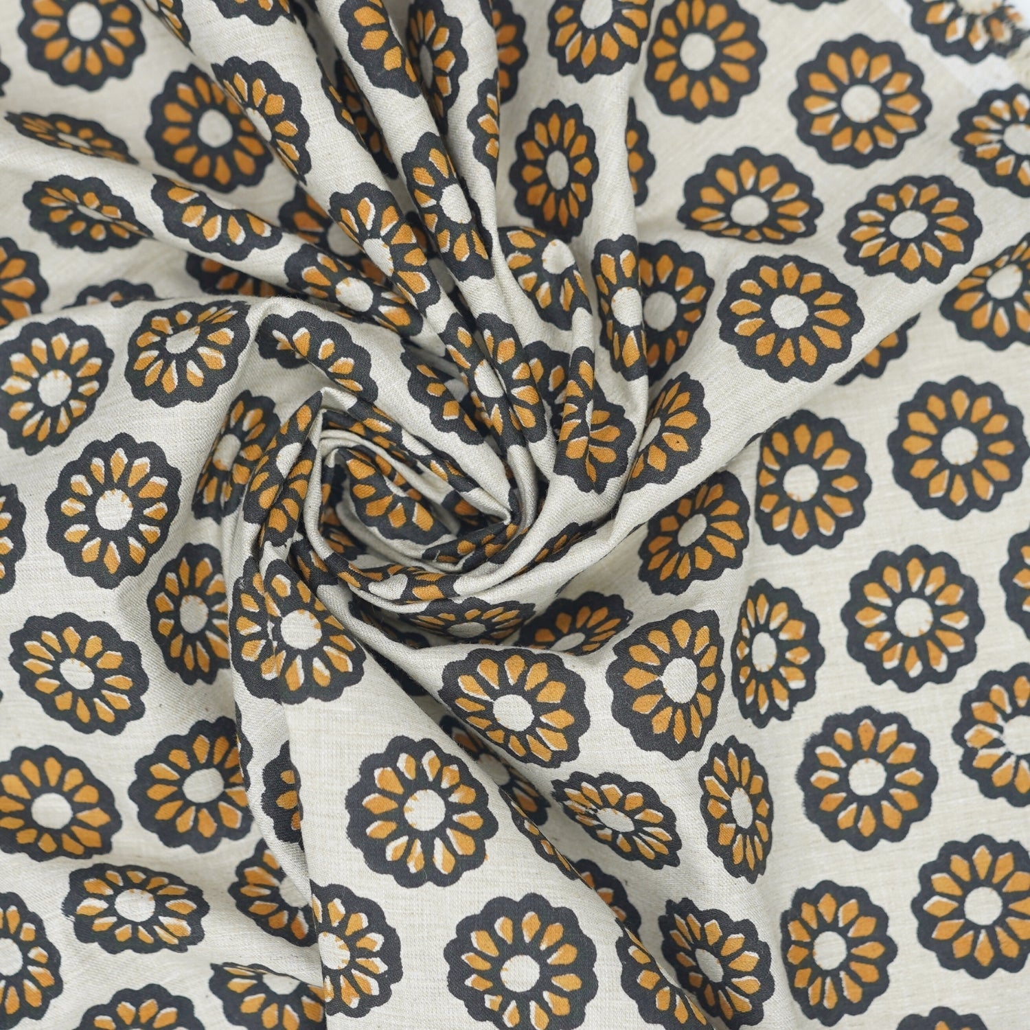 Handprinted India Made Black Floral Soft Touch Linen Blend Fabric - Bulbul