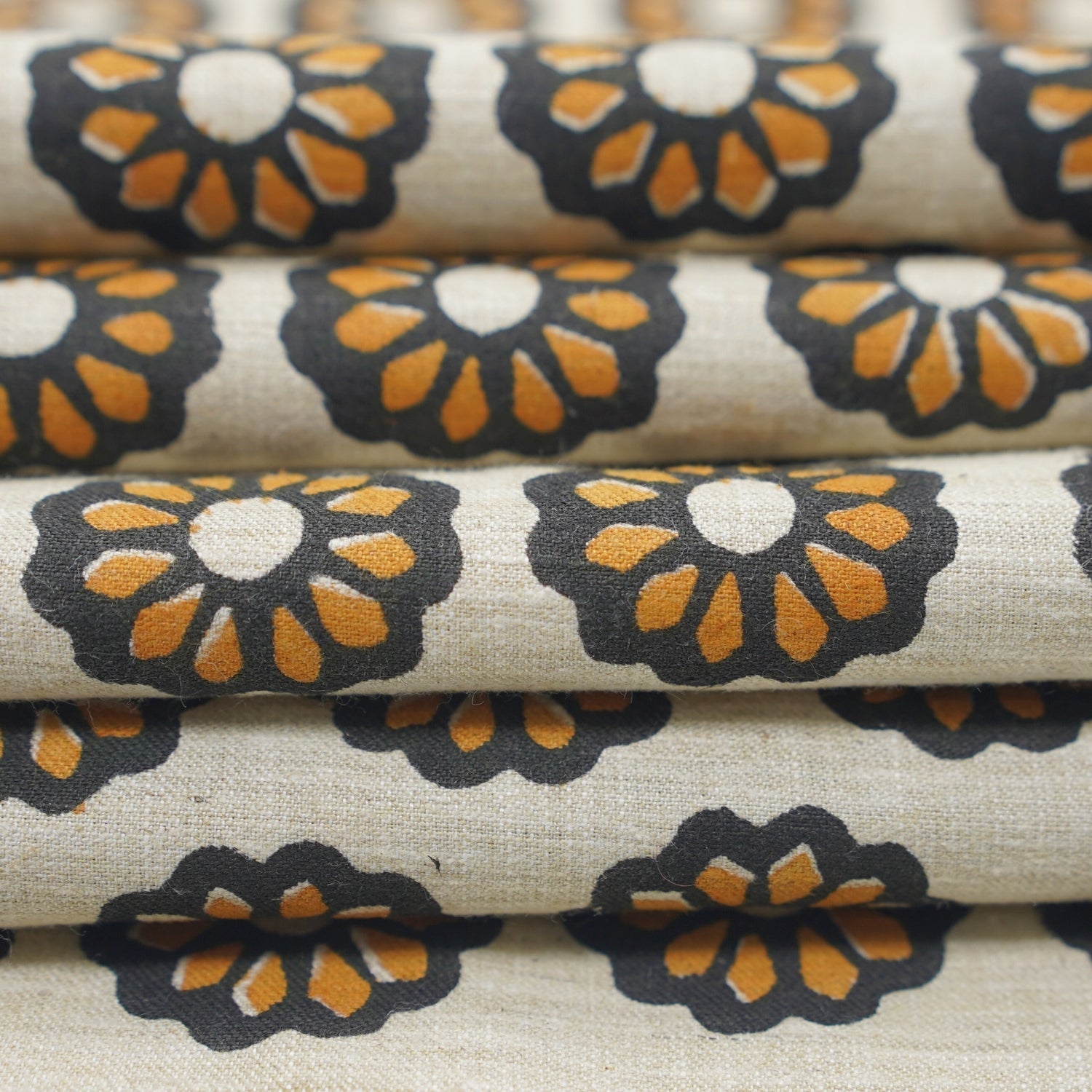 Handprinted India Made Black Floral Soft Touch Linen Blend Fabric - Bulbul