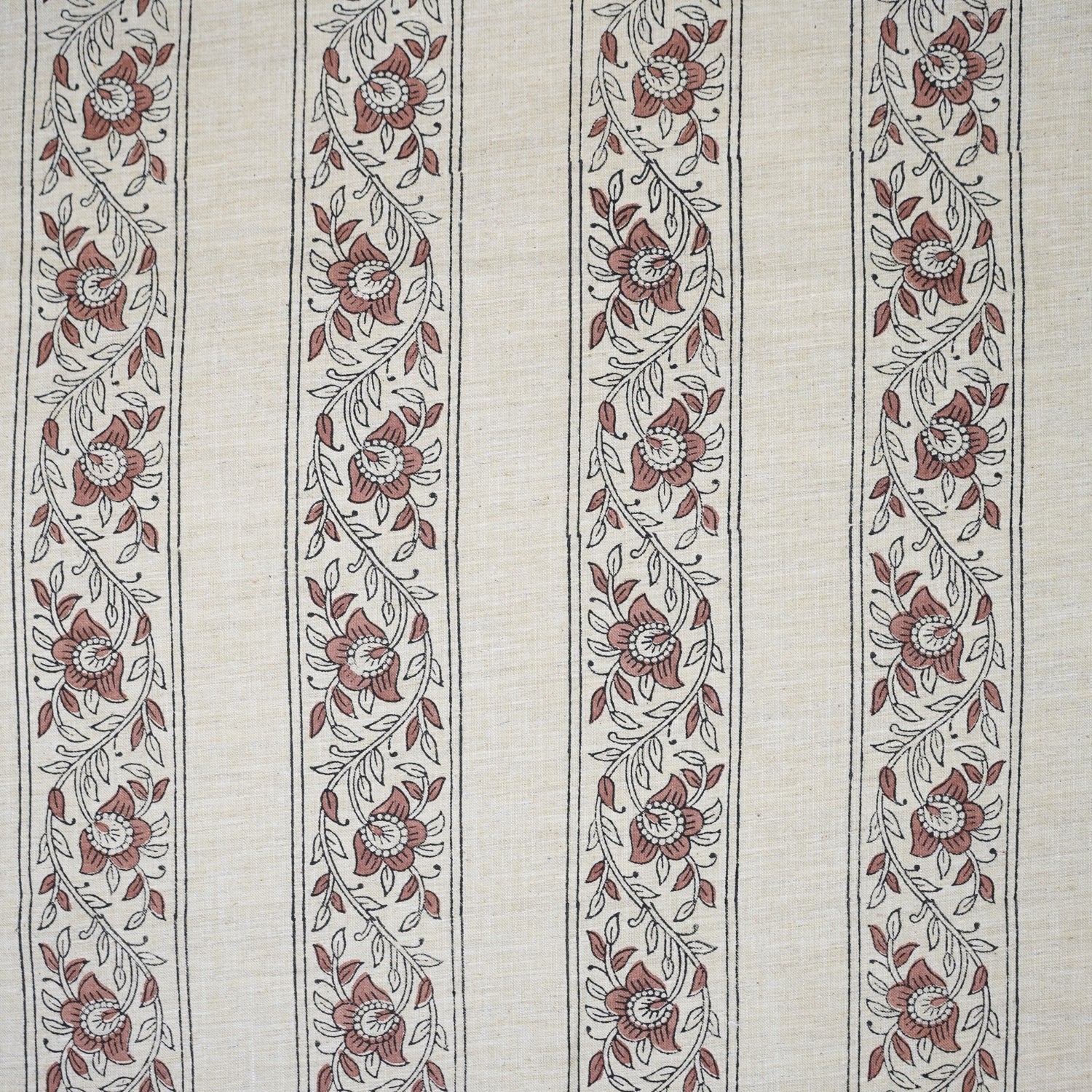 Artisanal Brown Linen Blend Fabric Boho Floral for Drapes - Bagh Buta Border