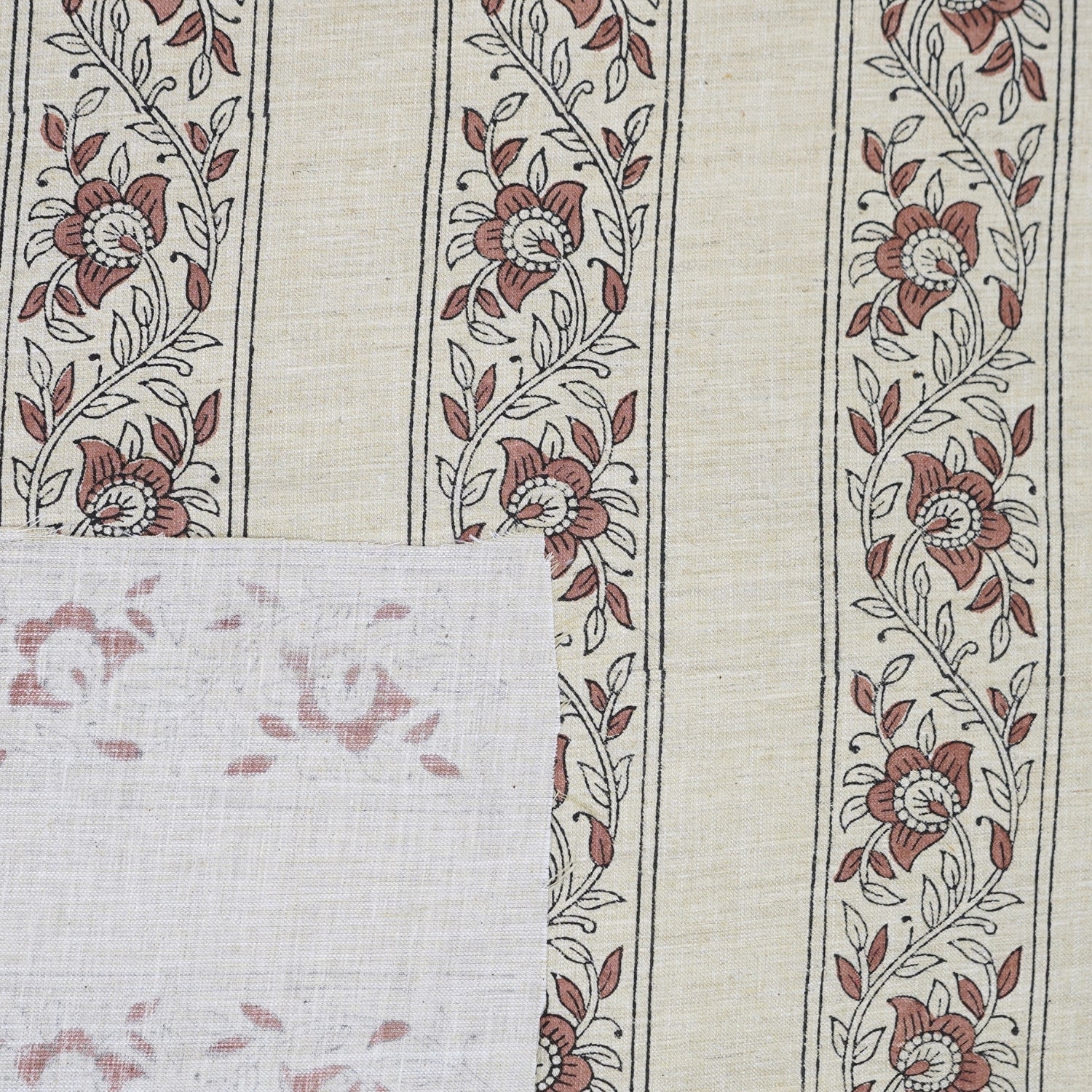 Artisanal Brown Linen Blend Fabric Boho Floral for Drapes - Bagh Buta Border