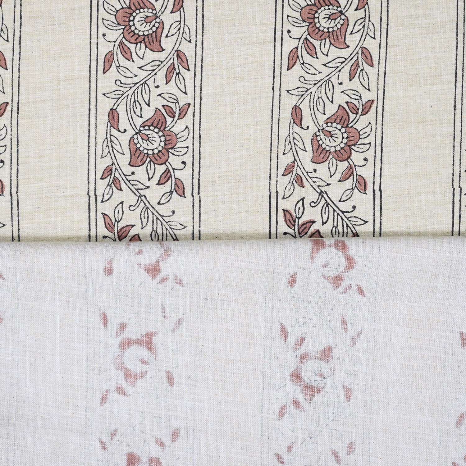 Artisanal Brown Linen Blend Fabric Boho Floral for Drapes - Bagh Buta Border