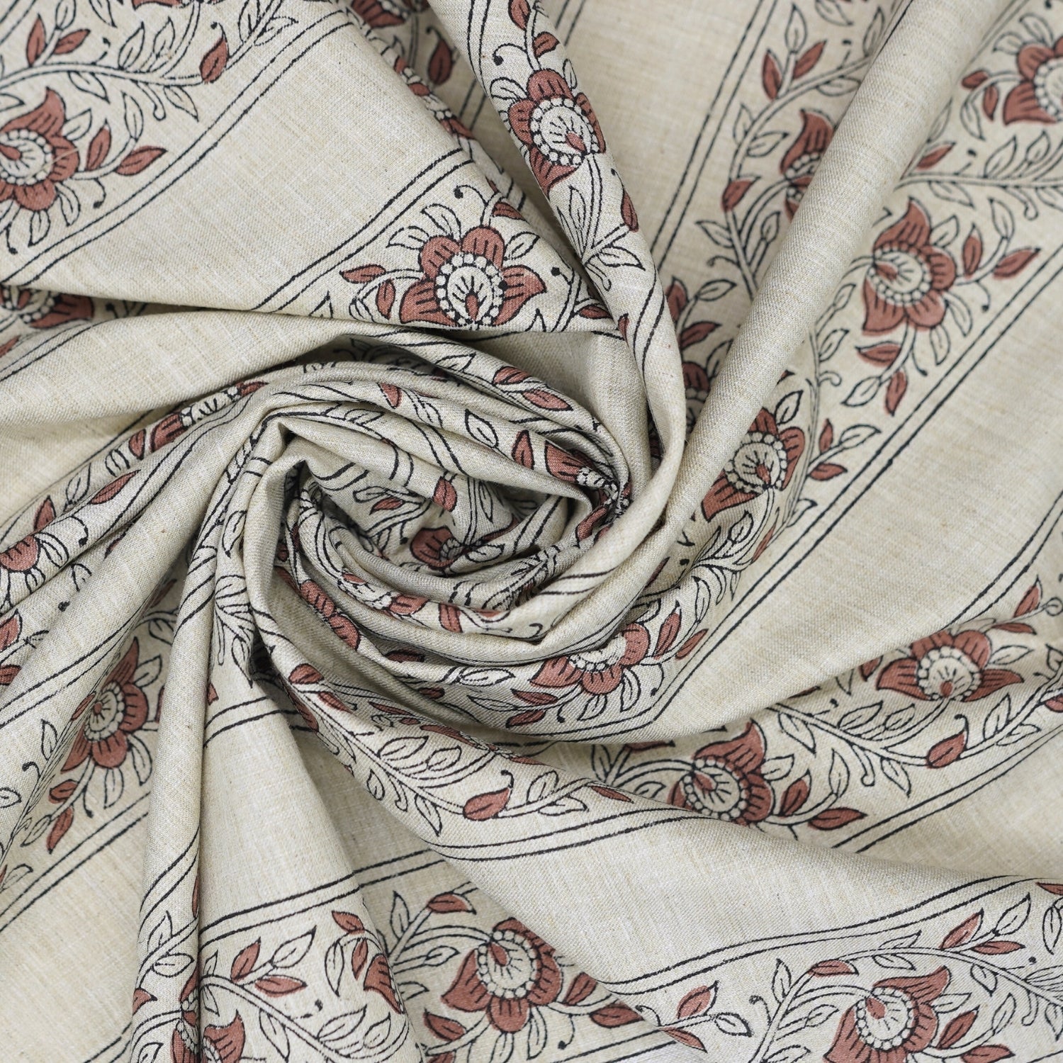 Artisanal Brown Linen Blend Fabric Boho Floral for Drapes - Bagh Buta Border