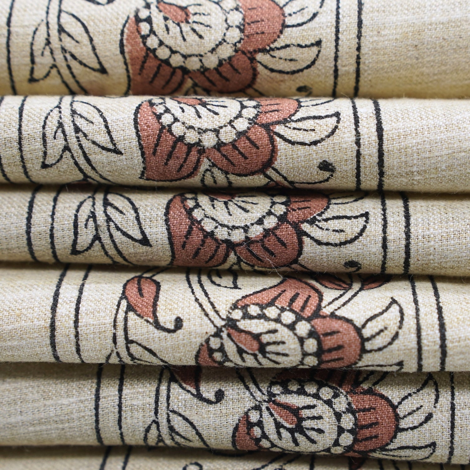 Artisanal Brown Linen Blend Fabric Boho Floral for Drapes - Bagh Buta Border