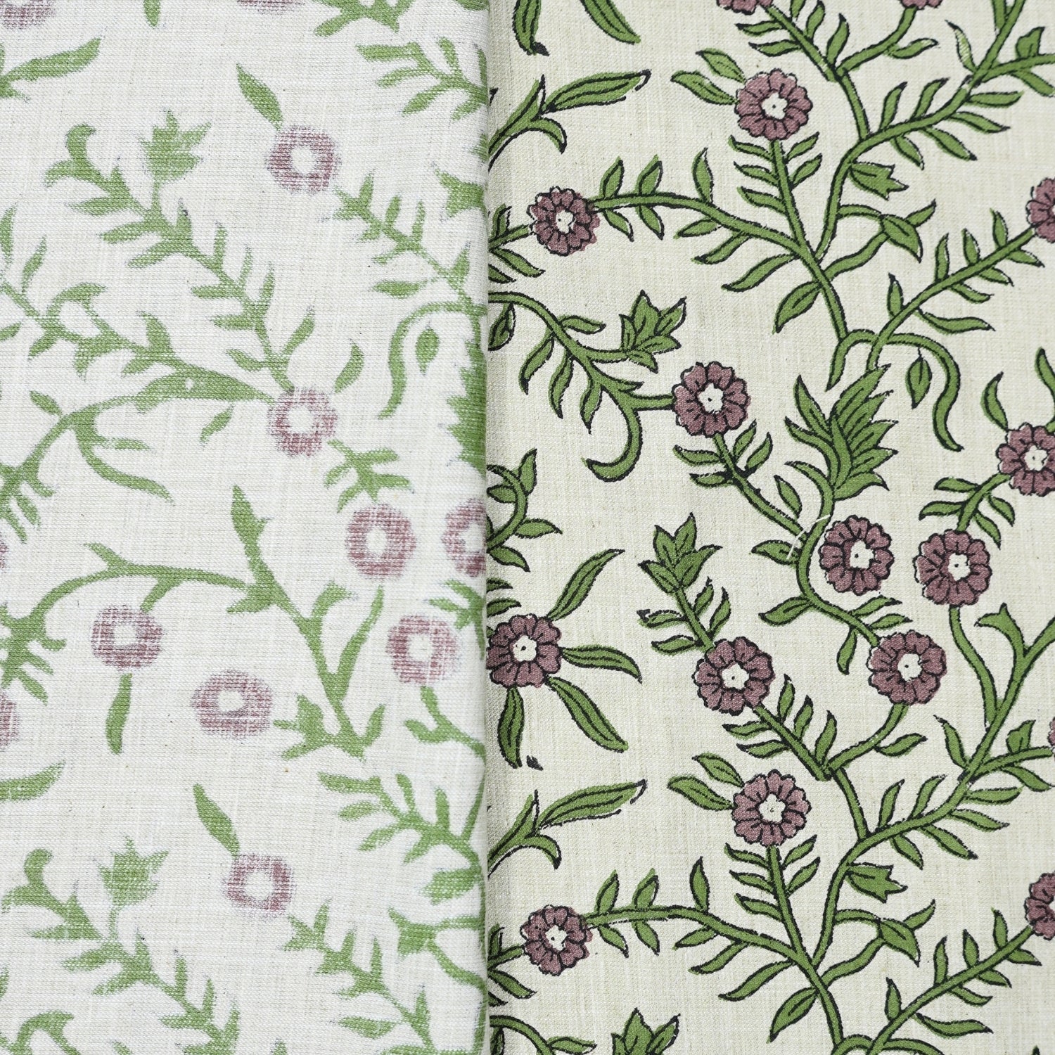 Indian Hand Block Printed Soft Fabric Green Floral on Linen Blend - Shehjan