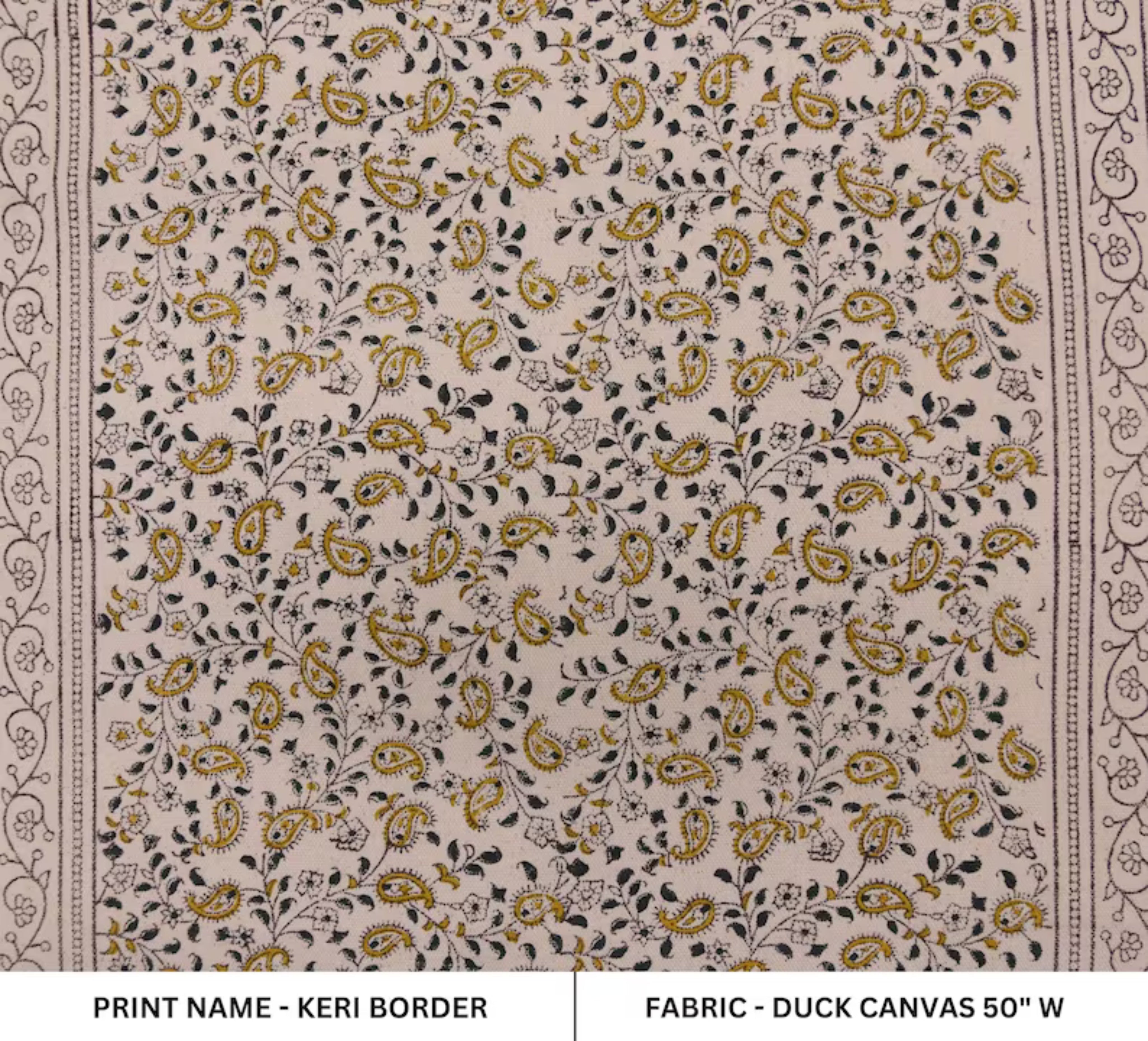 Handmade block print duck canvas 50" wide, cushion fabric, linen floral block print, linen pillow covers - KERI BORDER