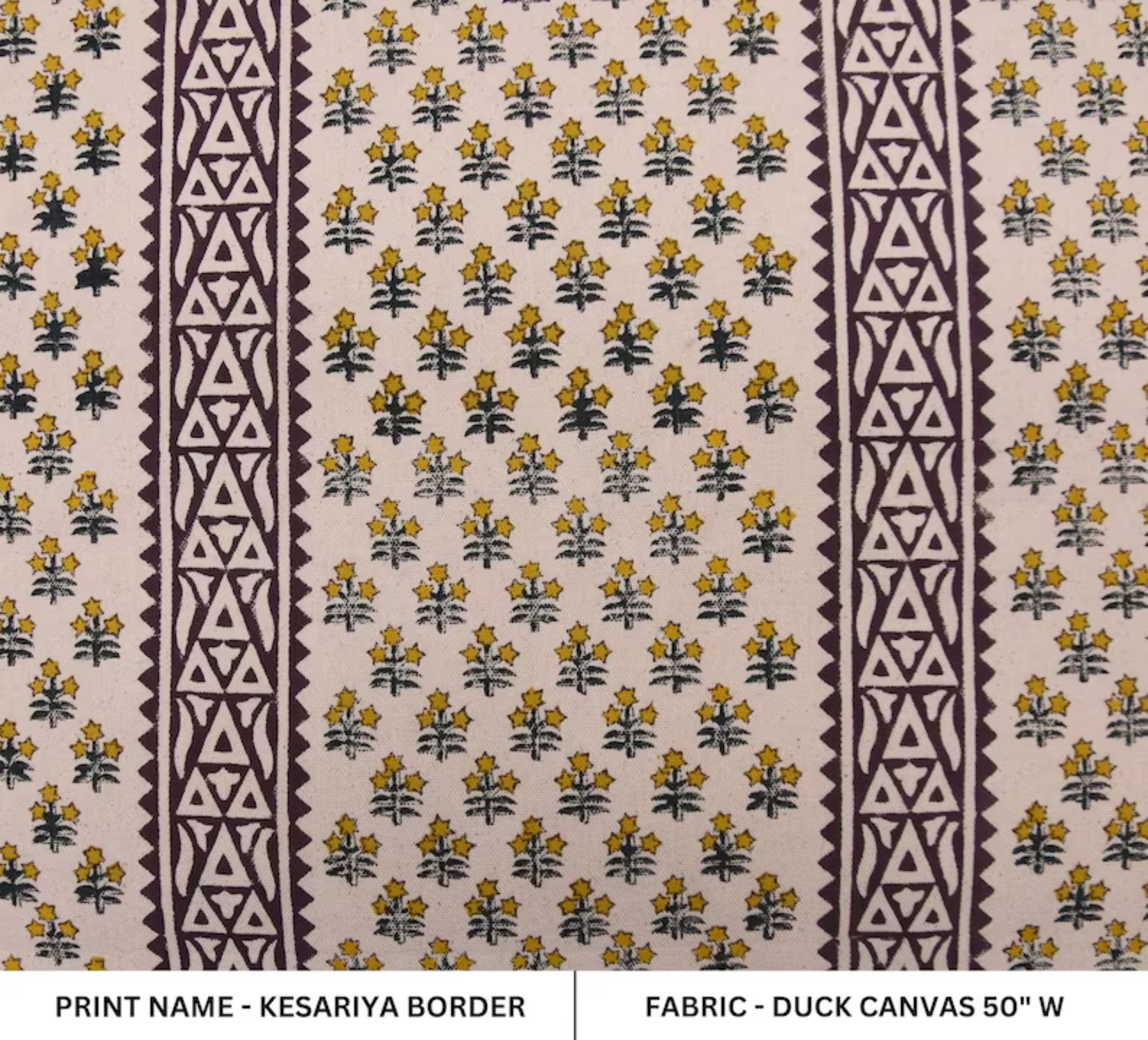 Block print duck canvas 50" wide, handmade art, cushion fabric, Indian block print, linen pillow covers - KESARIYA BORDER