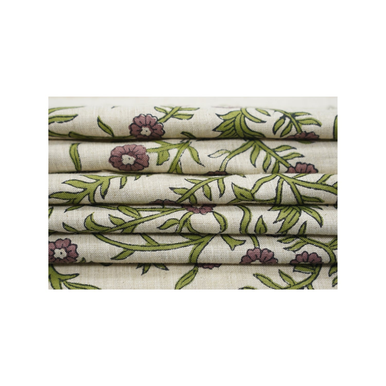 Indian Hand Block Printed Soft Fabric Green Floral on Linen Blend - Shehjan