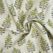 Handcrafted Pure Linen Green and Gray Leaf Floral Block Printed Fabric in Medium Weight Upholstery for Cushions - GULNAARI
