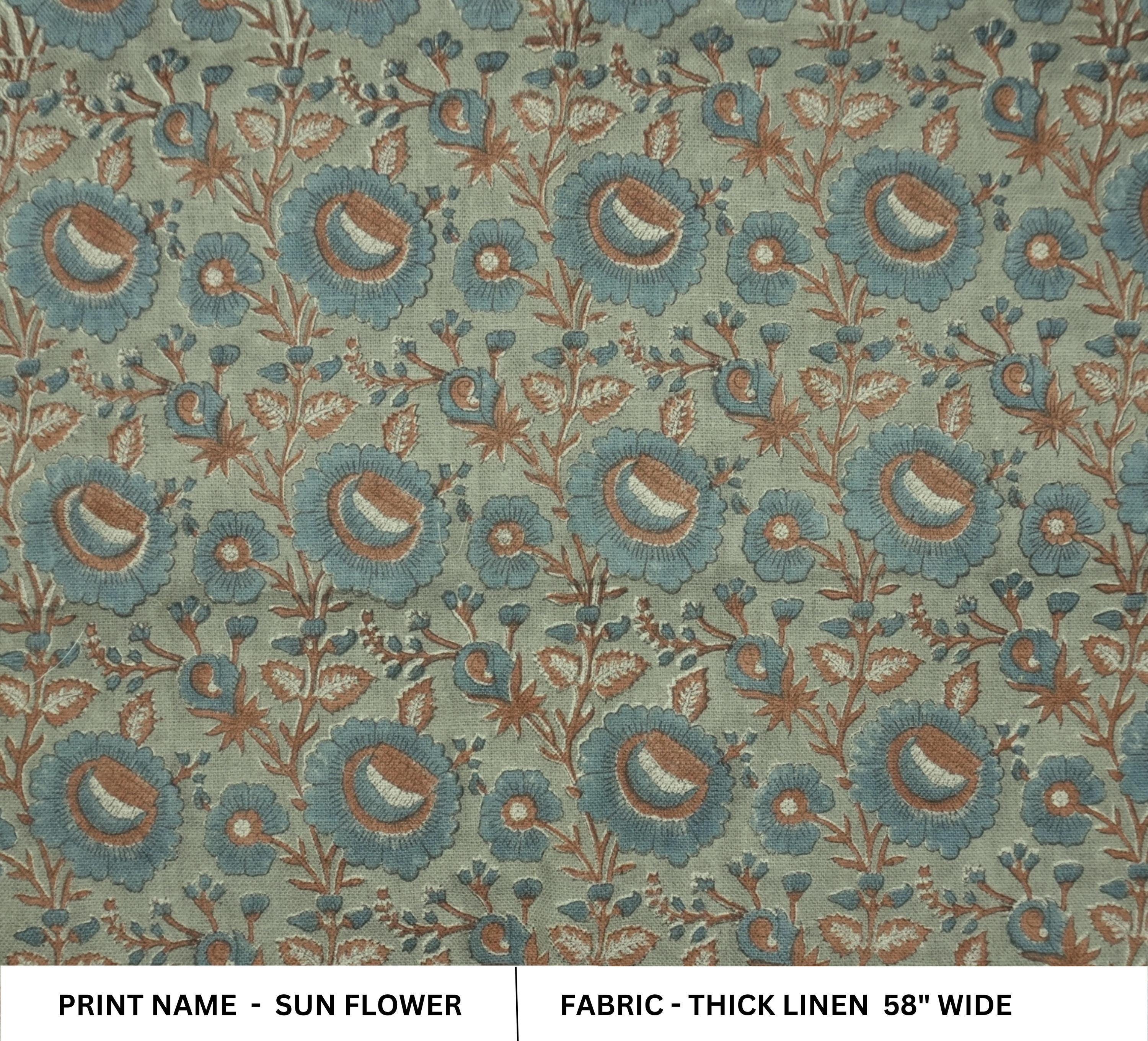 Linen Block Print Fabric 58 Inch Width Heavy Weight Linen Natural Base Color Curtains and Drapes Upholstery Handmade Art Pillow Covers Tablecloths and Runners Bedding Tote Bag Lampshades Napkins by Fabritual