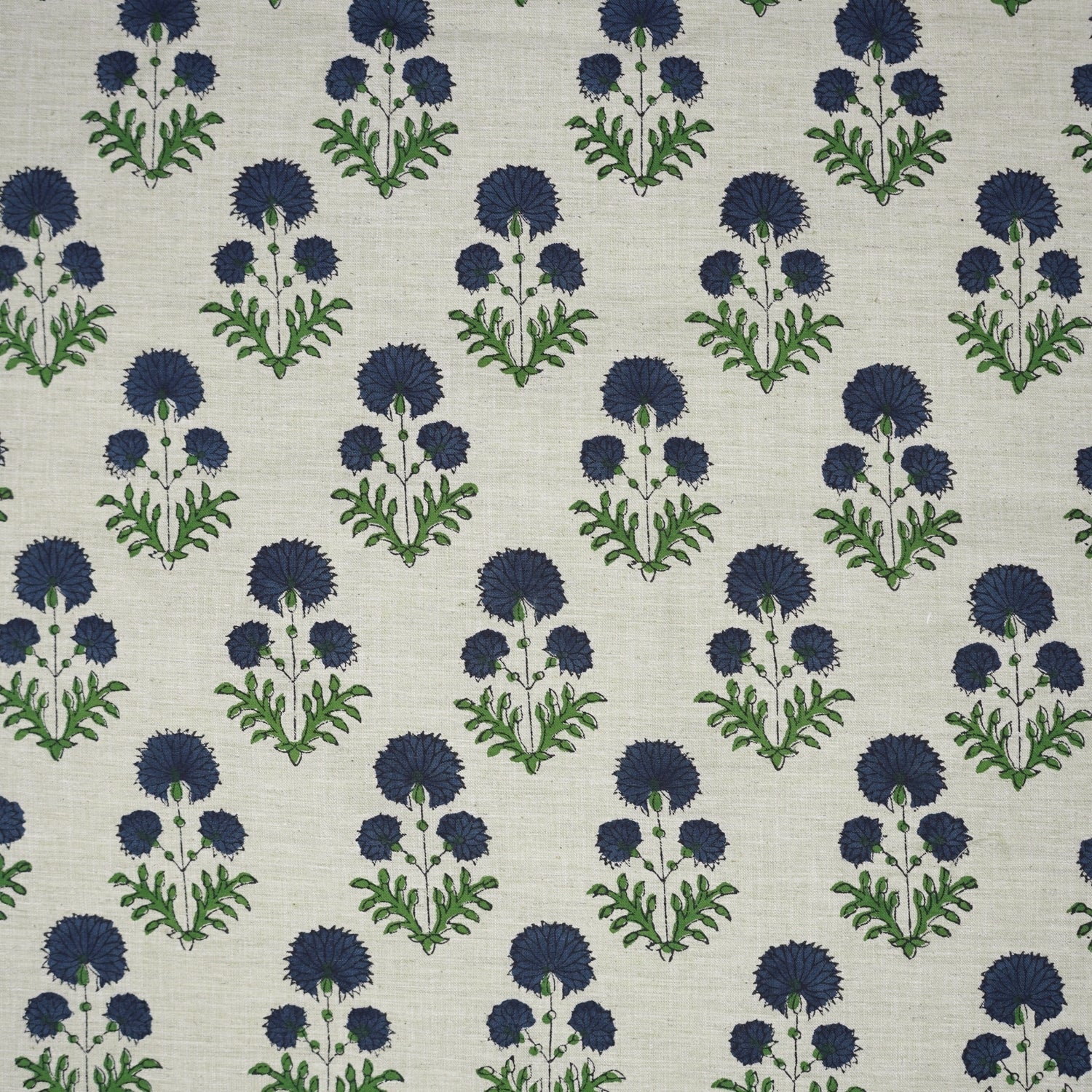 Blue Floral Block Printed Lightweight Linen Blend Fabric  - Rishi Design