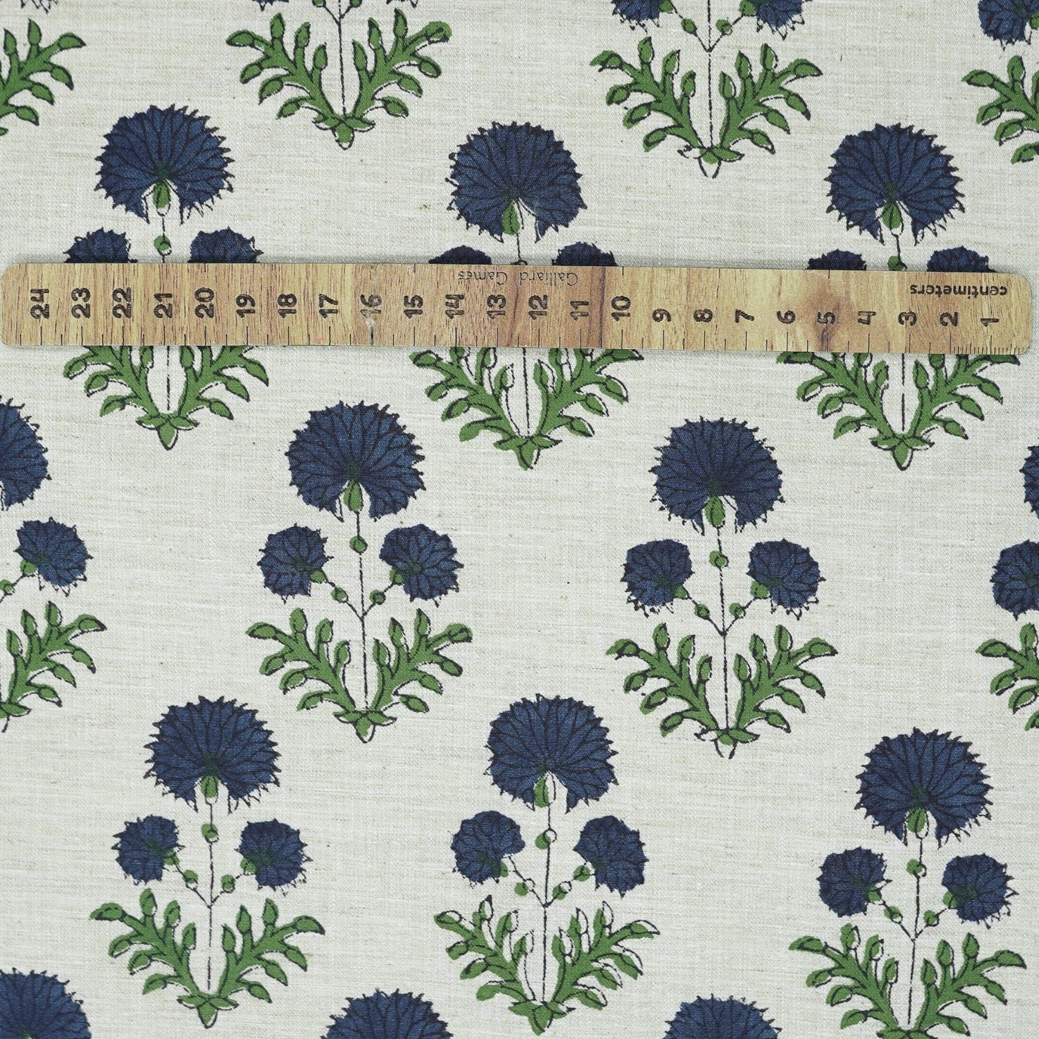 Blue Floral Block Printed Lightweight Linen Blend Fabric  - Rishi Design