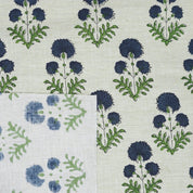 Blue Floral Block Printed Lightweight Linen Blend Fabric  - Rishi Design