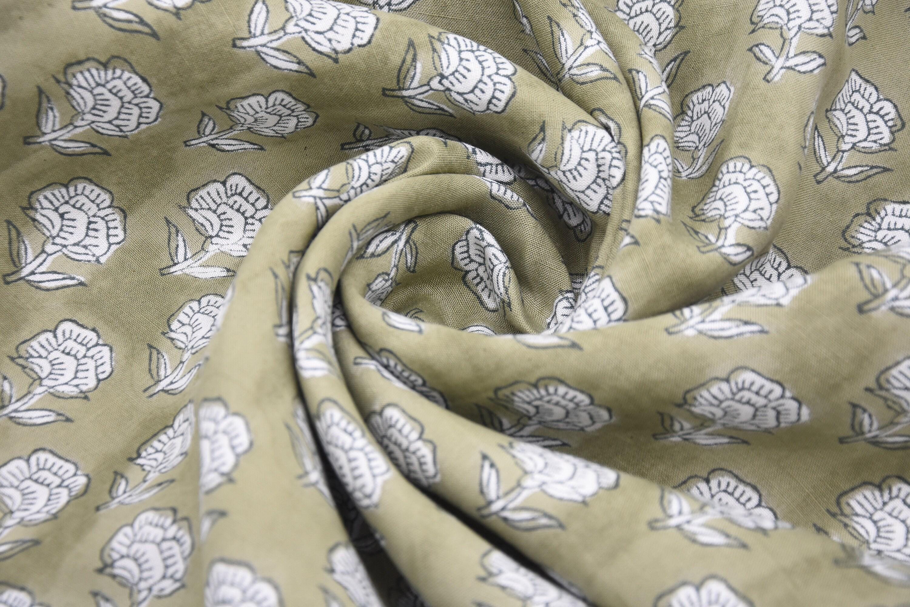 Indian Block Printed Handmade Viscose Linen 58" Wide Sage Green Floral Fabric for Sofa Covers – Rohini