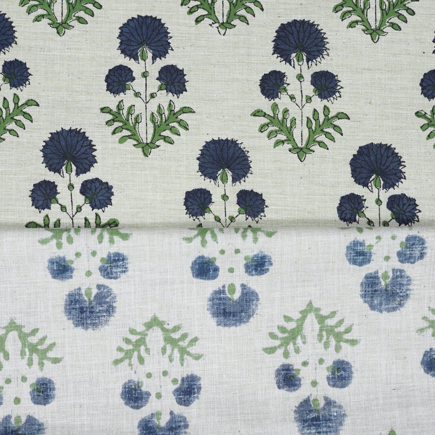 Blue Floral Block Printed Lightweight Linen Blend Fabric  - Rishi Design
