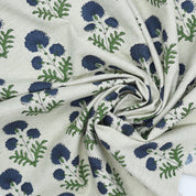 Blue Floral Block Printed Lightweight Linen Blend Fabric  - Rishi Design