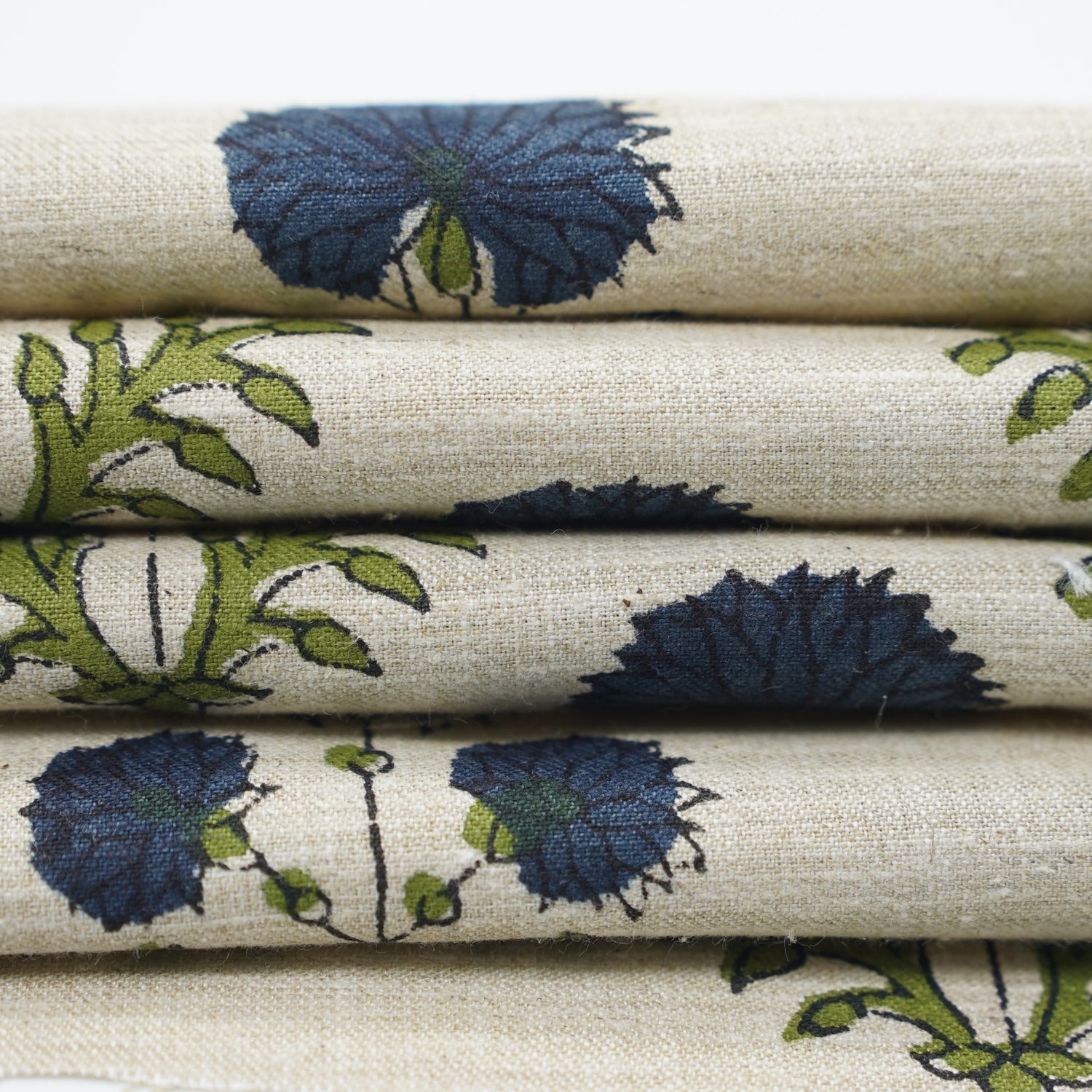 Blue Floral Block Printed Lightweight Linen Blend Fabric  - Rishi Design
