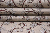 Traditional Handcrafted 100% Pure Linen Fabric with Brown Floral Block Printed for Curtains Indian Textiles – VARANASI