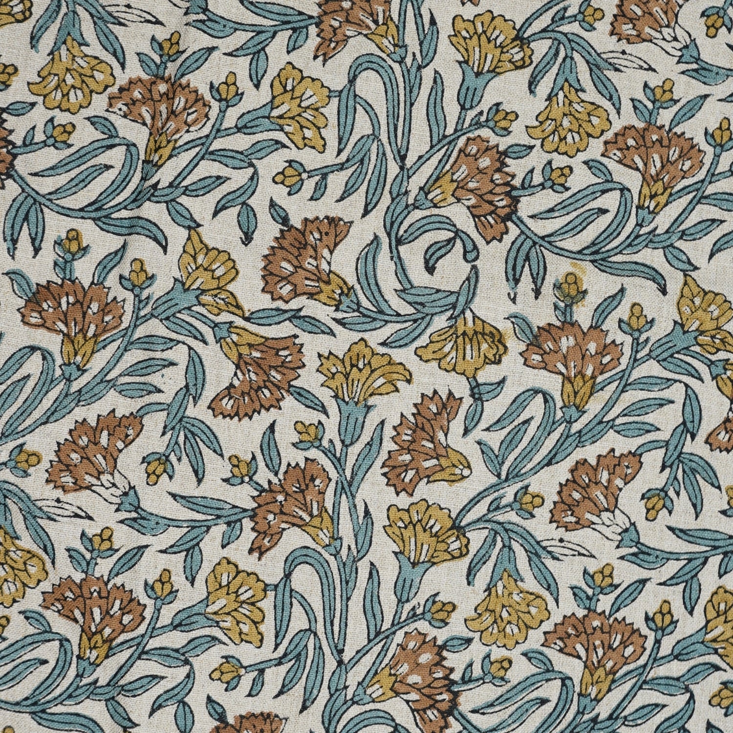 Artisanal Block Printed Boho Style Pure Linen Fabric Elegant Brown Floral with Thorny Stems