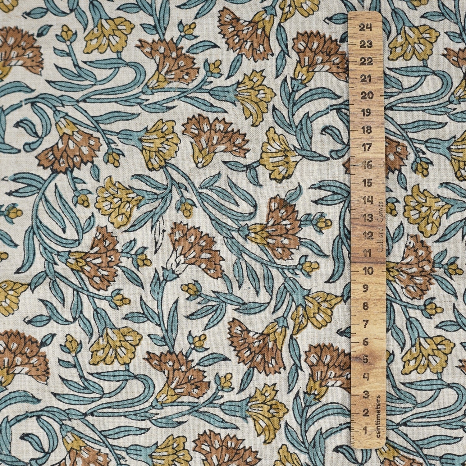 Artisanal Block Printed Boho Style Pure Linen Fabric Elegant Brown Floral with Thorny Stems