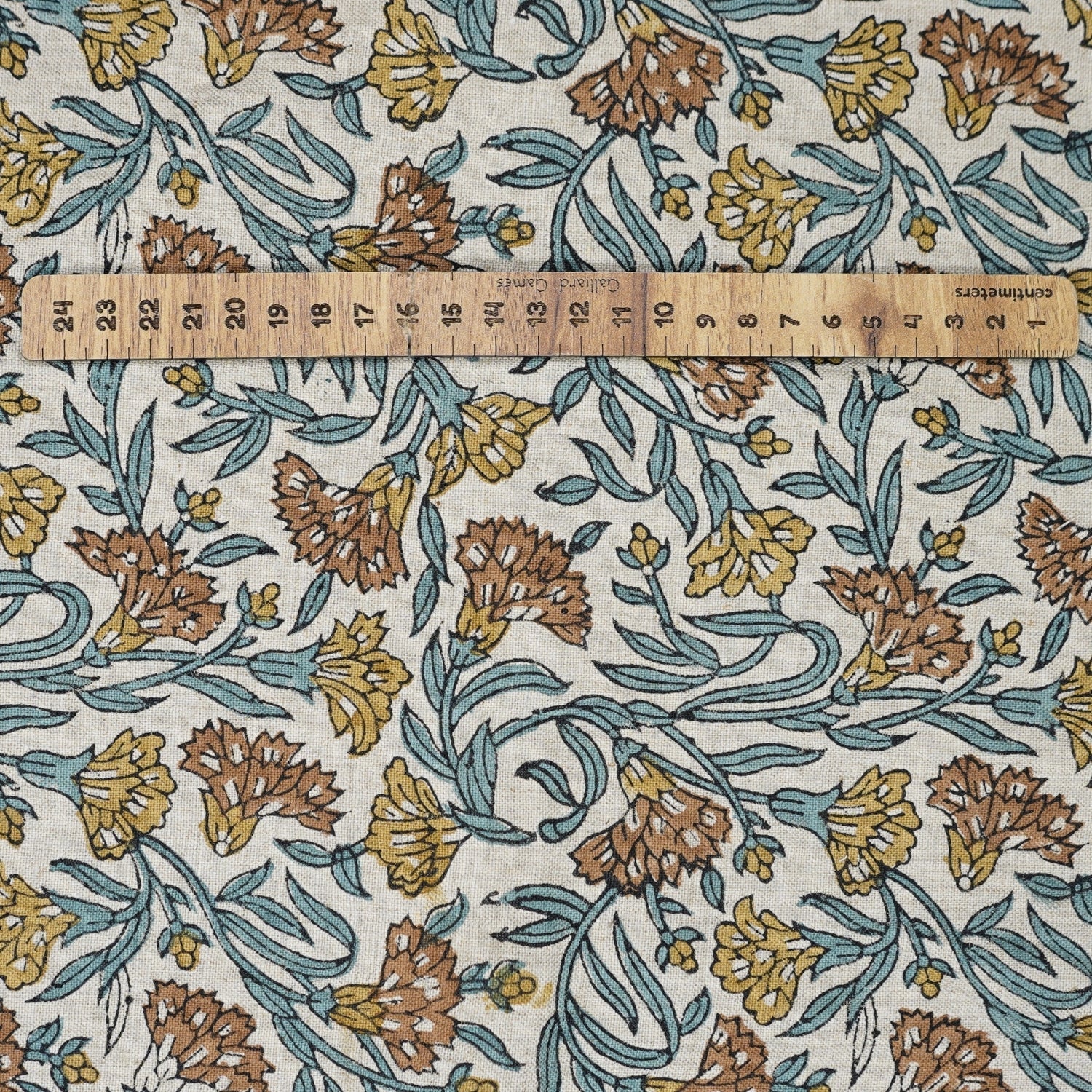 Artisanal Block Printed Boho Style Pure Linen Fabric Elegant Brown Floral with Thorny Stems
