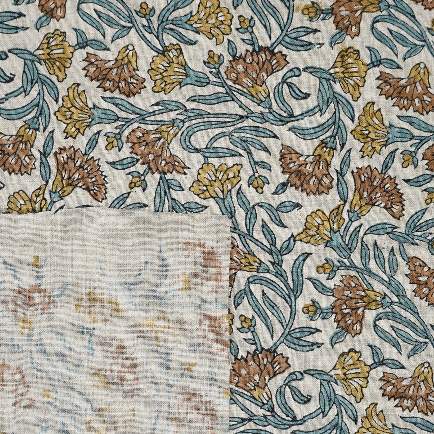 Artisanal Block Printed Boho Style Pure Linen Fabric Elegant Brown Floral with Thorny Stems