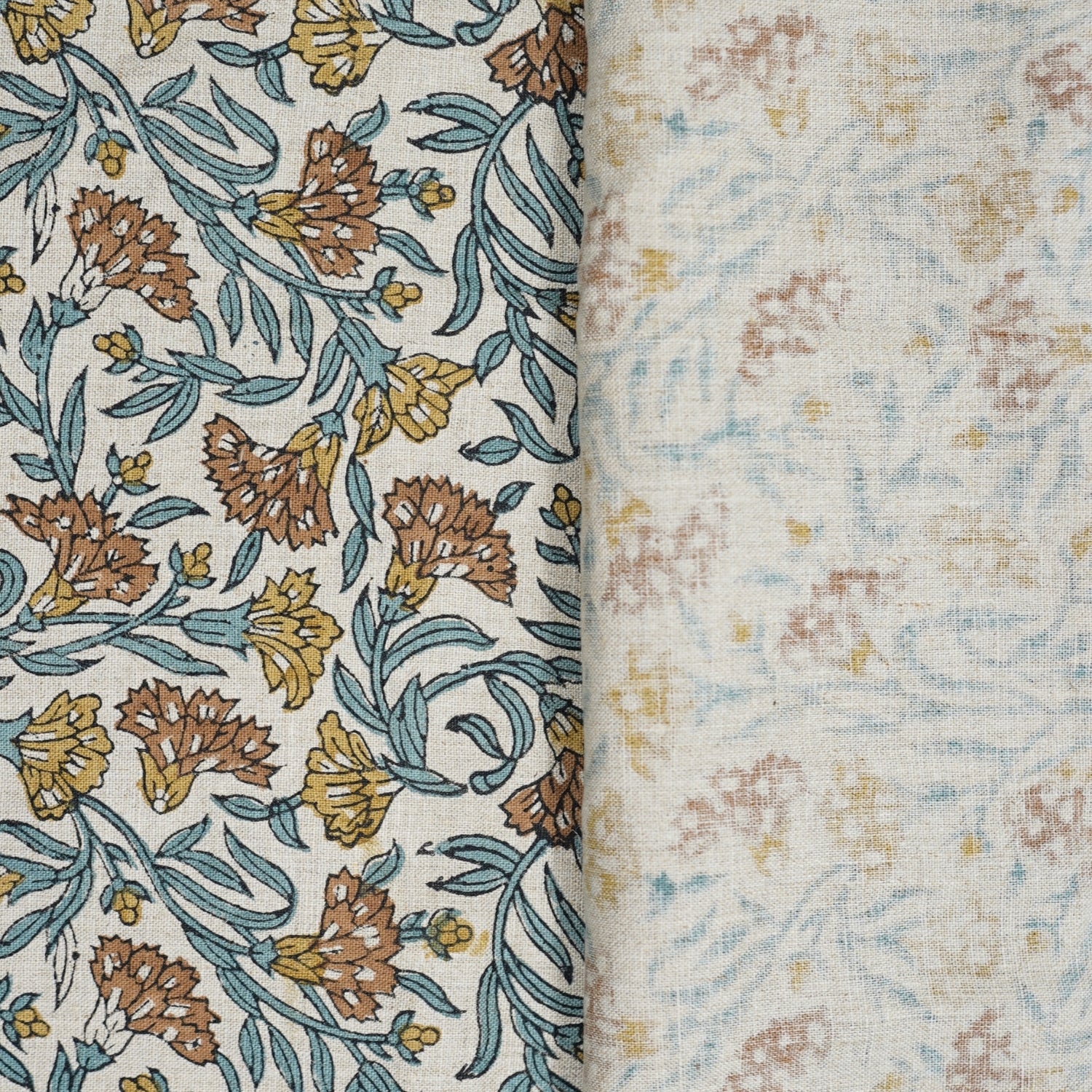 Artisanal Block Printed Boho Style Pure Linen Fabric Elegant Brown Floral with Thorny Stems