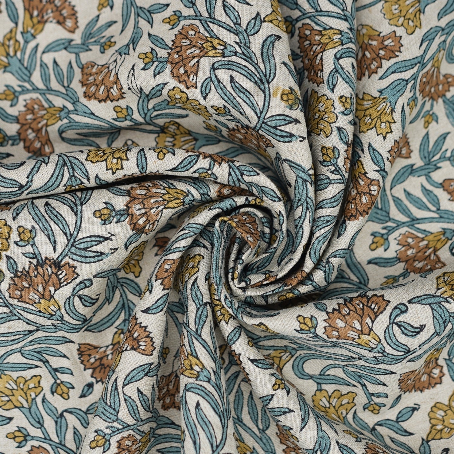 Artisanal Block Printed Boho Style Pure Linen Fabric Elegant Brown Floral with Thorny Stems