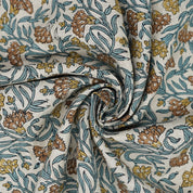 Artisanal Block Printed Boho Style Pure Linen Fabric Elegant Brown Floral with Thorny Stems