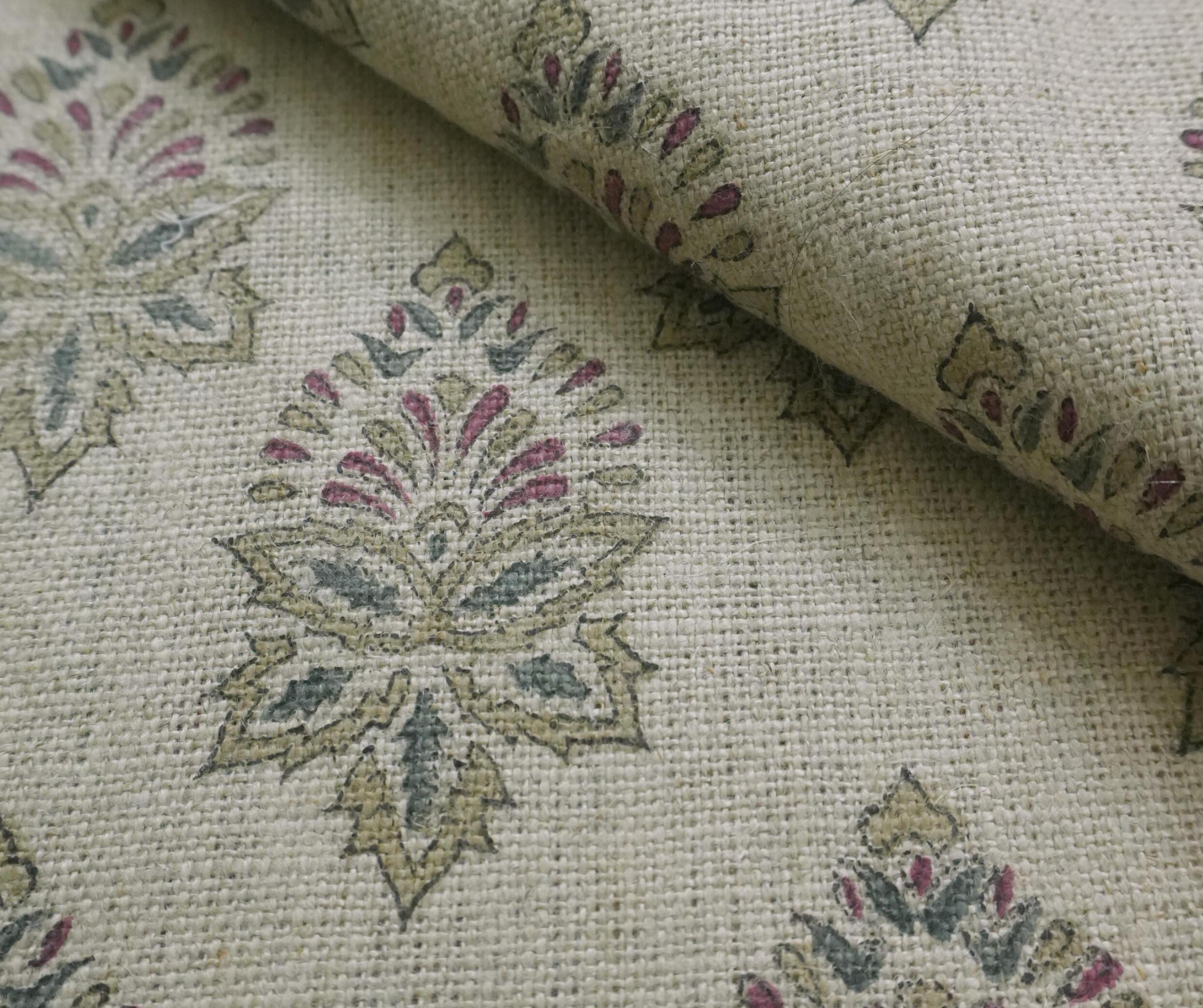 Linen Block Print Fabric 58 Inch Width Heavy Weight Linen Natural Base Color Curtains and Drapes Upholstery Handmade Art Pillow Covers Tablecloths and Runners Bedding Tote Bag Lampshades by Fabritual