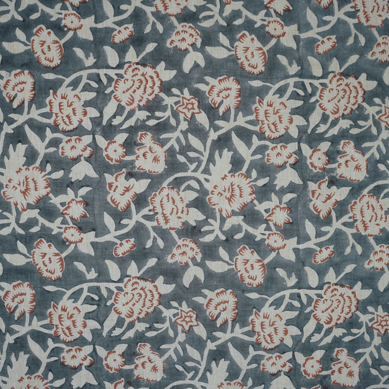 Gray Home Fabric Boho Floral Block Print Lightweight Feel on Linen Blend - Mrignayani