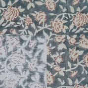 Gray Home Fabric Boho Floral Block Print Lightweight Feel on Linen Blend - Mrignayani