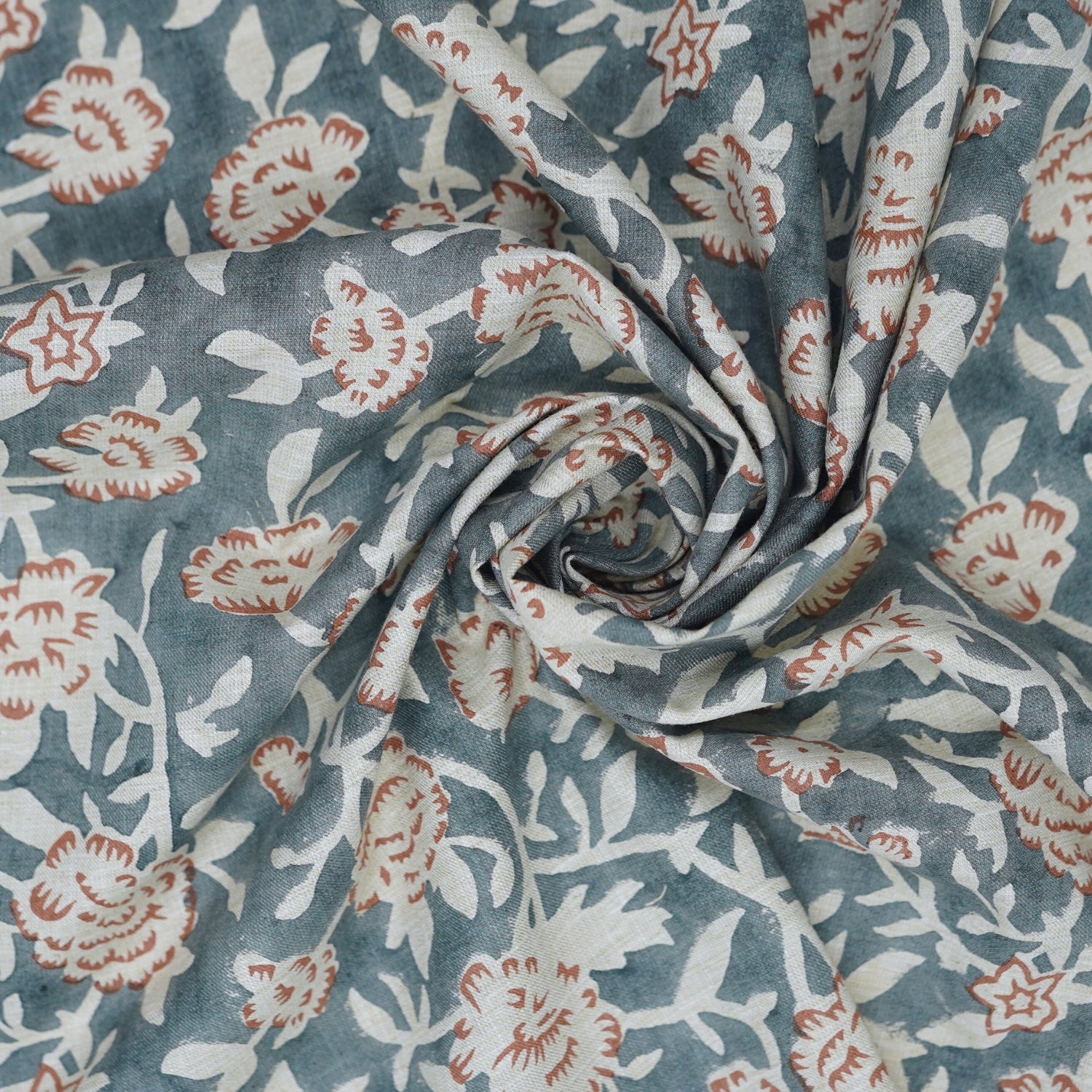 Gray Home Fabric Boho Floral Block Print Lightweight Feel on Linen Blend - Mrignayani