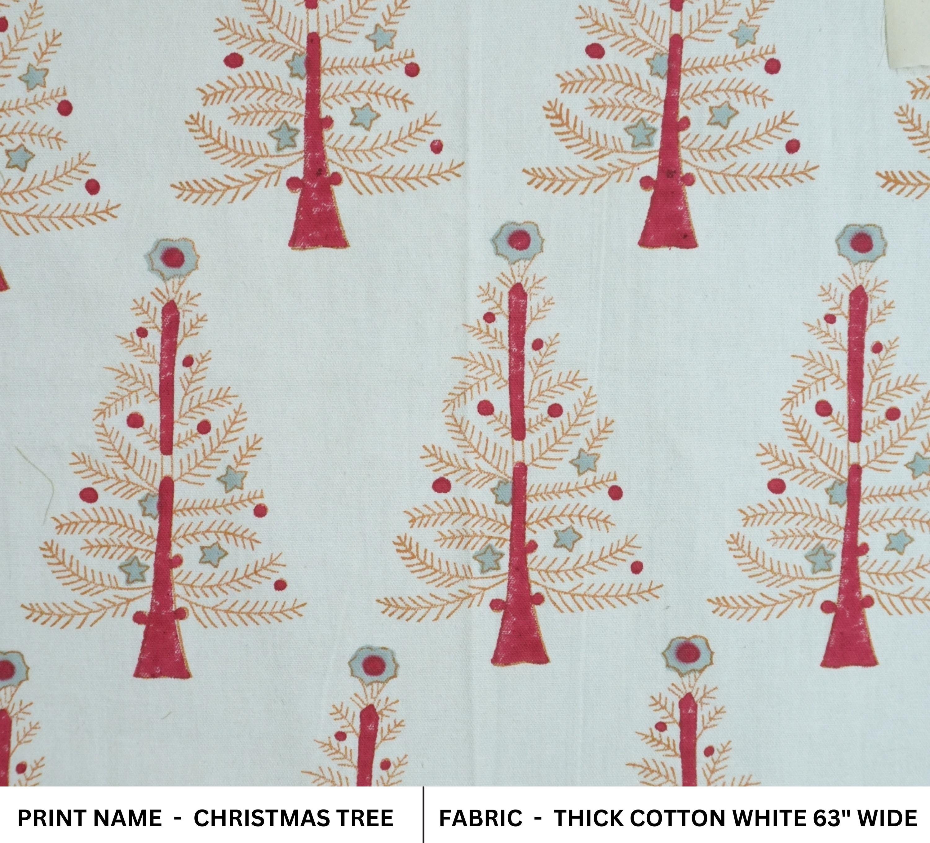 HANDMADE RED & YELLOW FLORAL THICK COTTON WHITE BLOCK PRINTED FABRIC FOR CUSHION AND PILLOWCASE - CHRISTMAS TREE