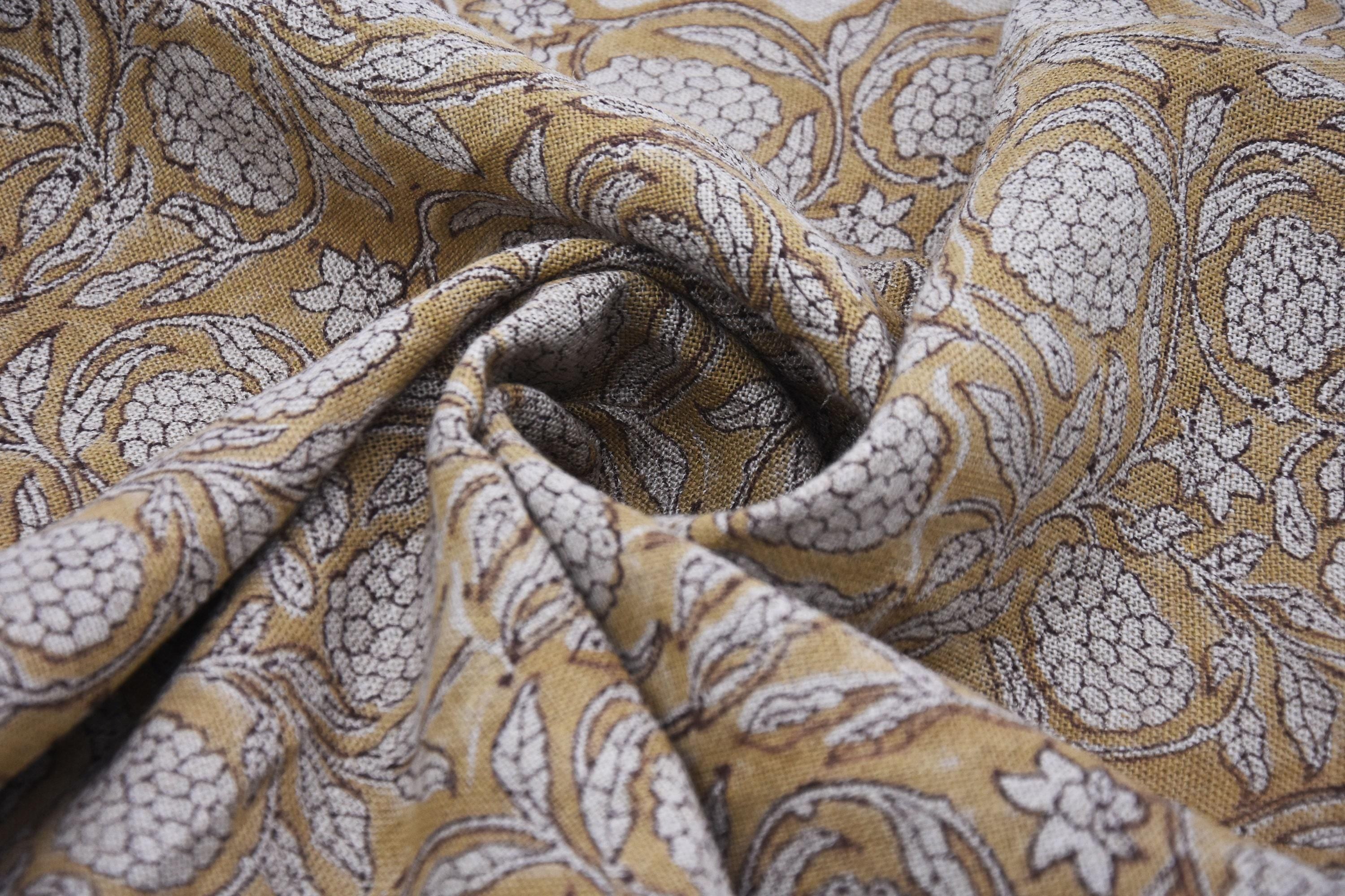 Linen Block Print Fabric 58 Inch Width Heavy Weight Linen Natural Base Color Curtains and Drapes Upholstery Handmade Art Pillow Covers Tablecloths and Runners Bedding Tote Bag Lampshades by Fabritual