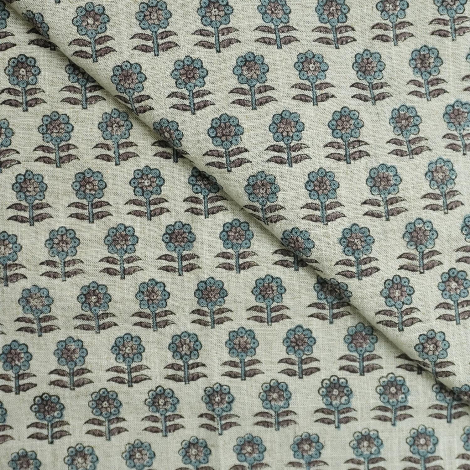 BLUE BLOCK PRINTED INDIAN HANDMADE FLORAL BOHO PILLOW AND CUSHION FABRIC VISCOSE LINEN - ANAMIKA