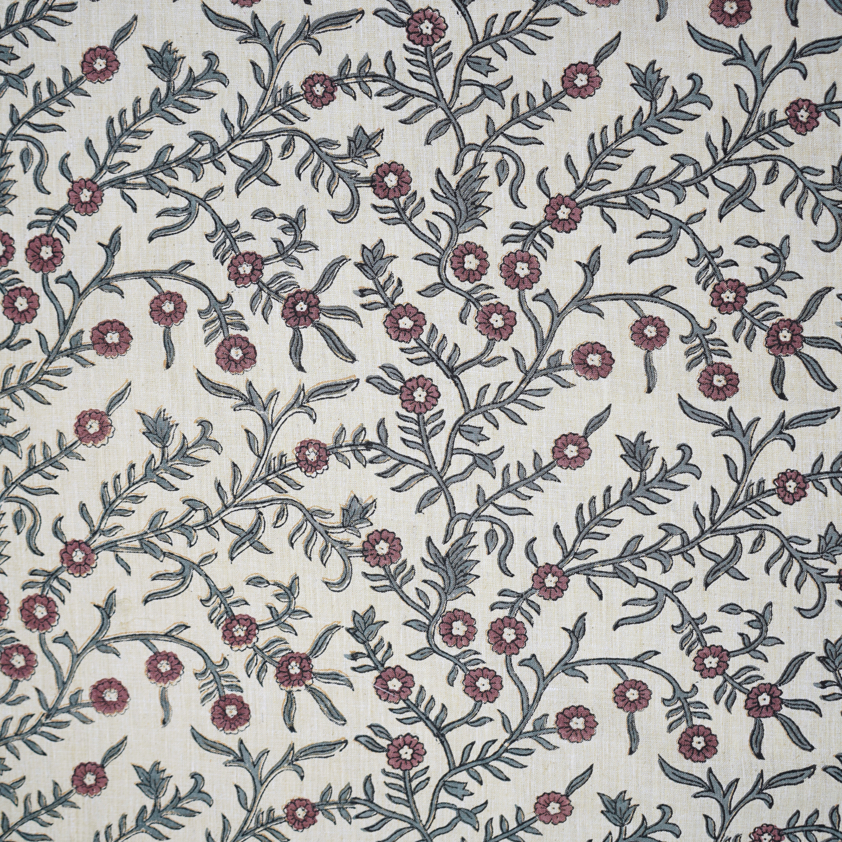 Pink Floral Linen Blend Fabric Hand Block Printed Shehjan Boho Design