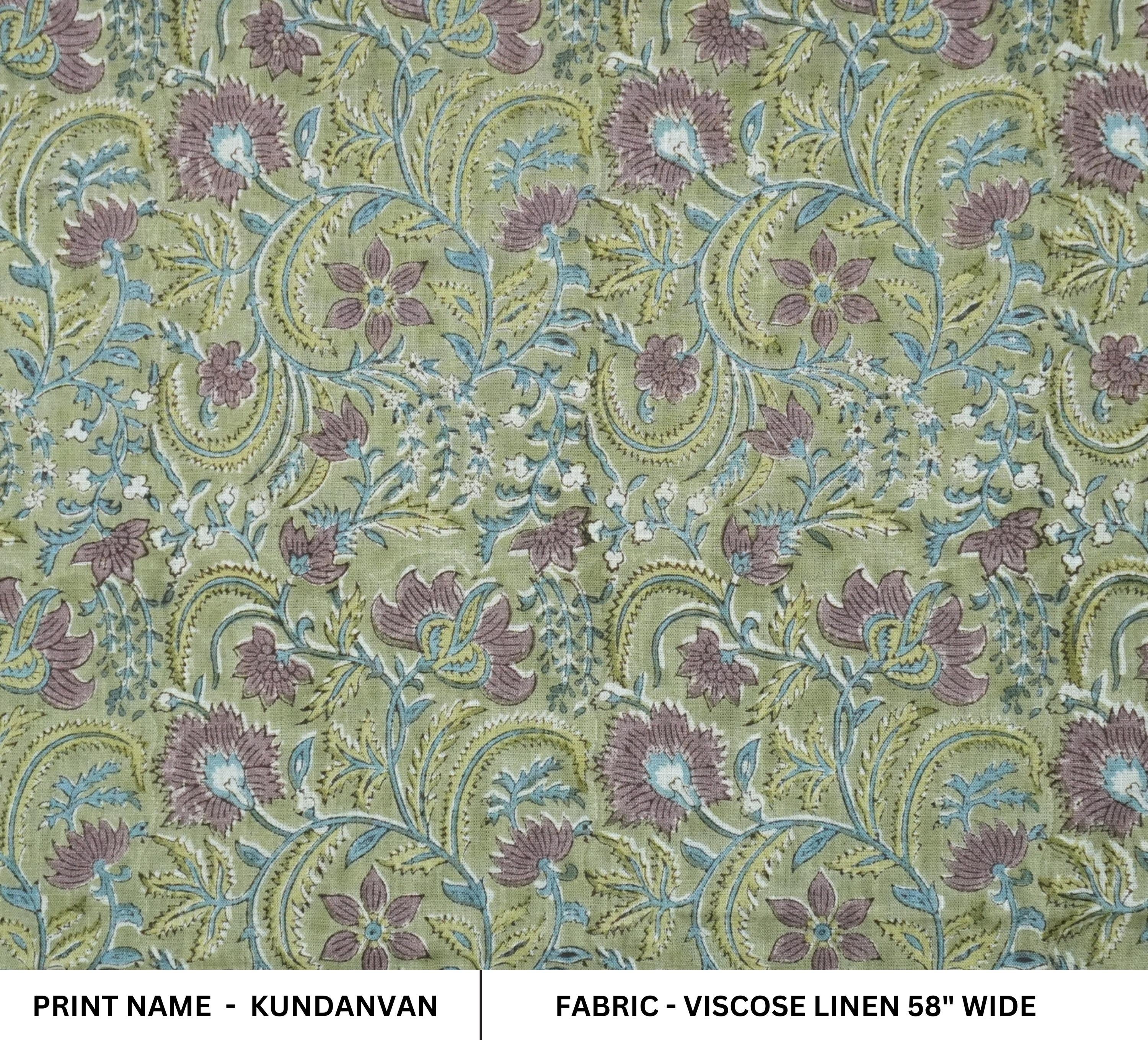 HANMADE BLOCK PRINTED ROSE GOLD AND GREEN FLORAL VISCOSE LINEN CUSHION FABRIC - KUNDANVAN