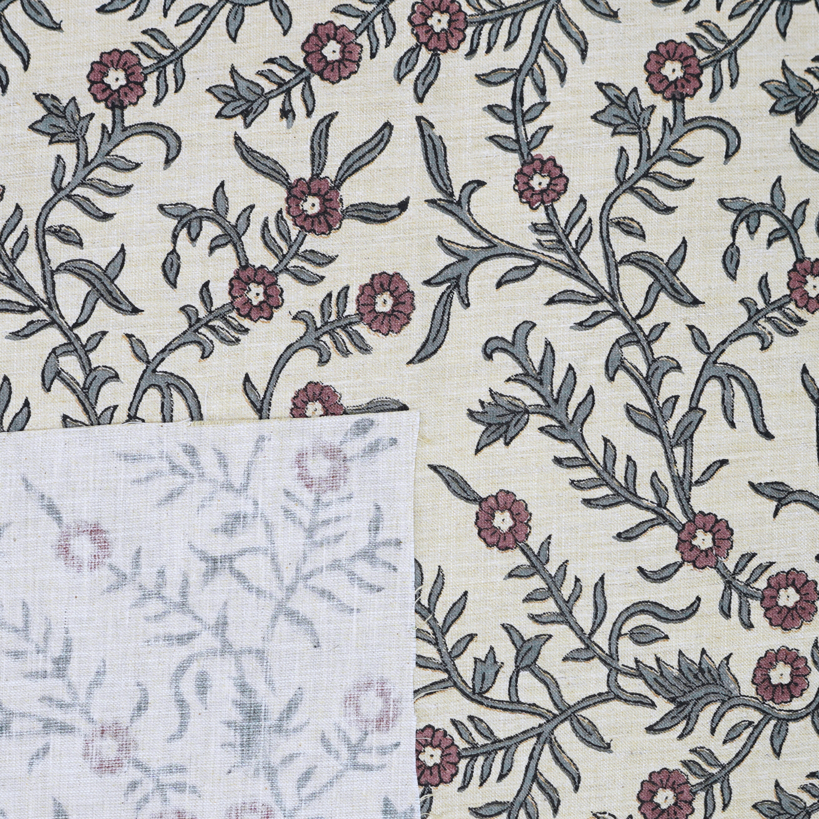 Pink Floral Linen Blend Fabric Hand Block Printed Shehjan Boho Design